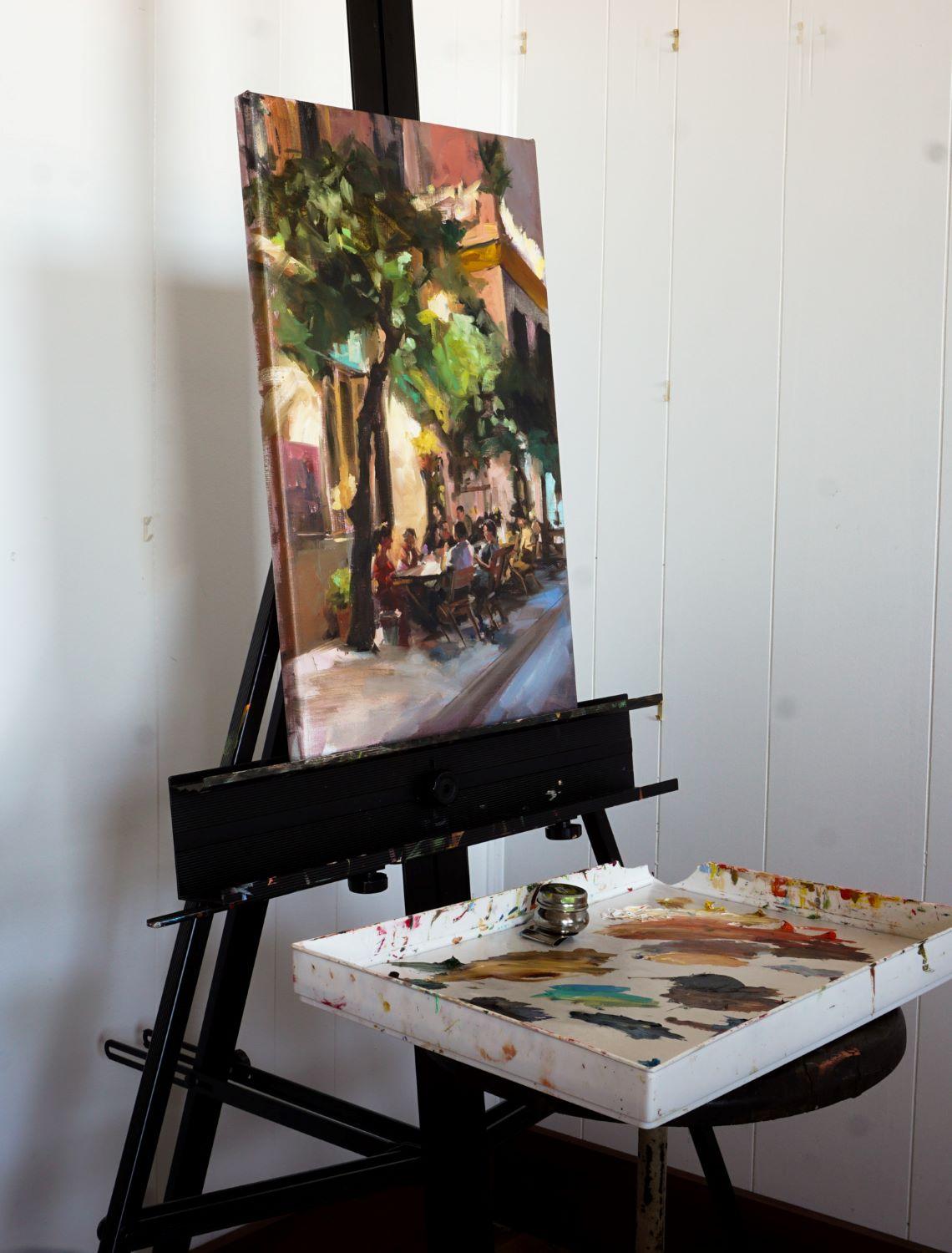 <p>Artist Comments<br />Tables filled with boisterous groups of people dining to enjoy the balmy weather, good food, and Spanish wine line the streets of Seville. Warm light spills onto the charming scene, while impressionist strokes capture the