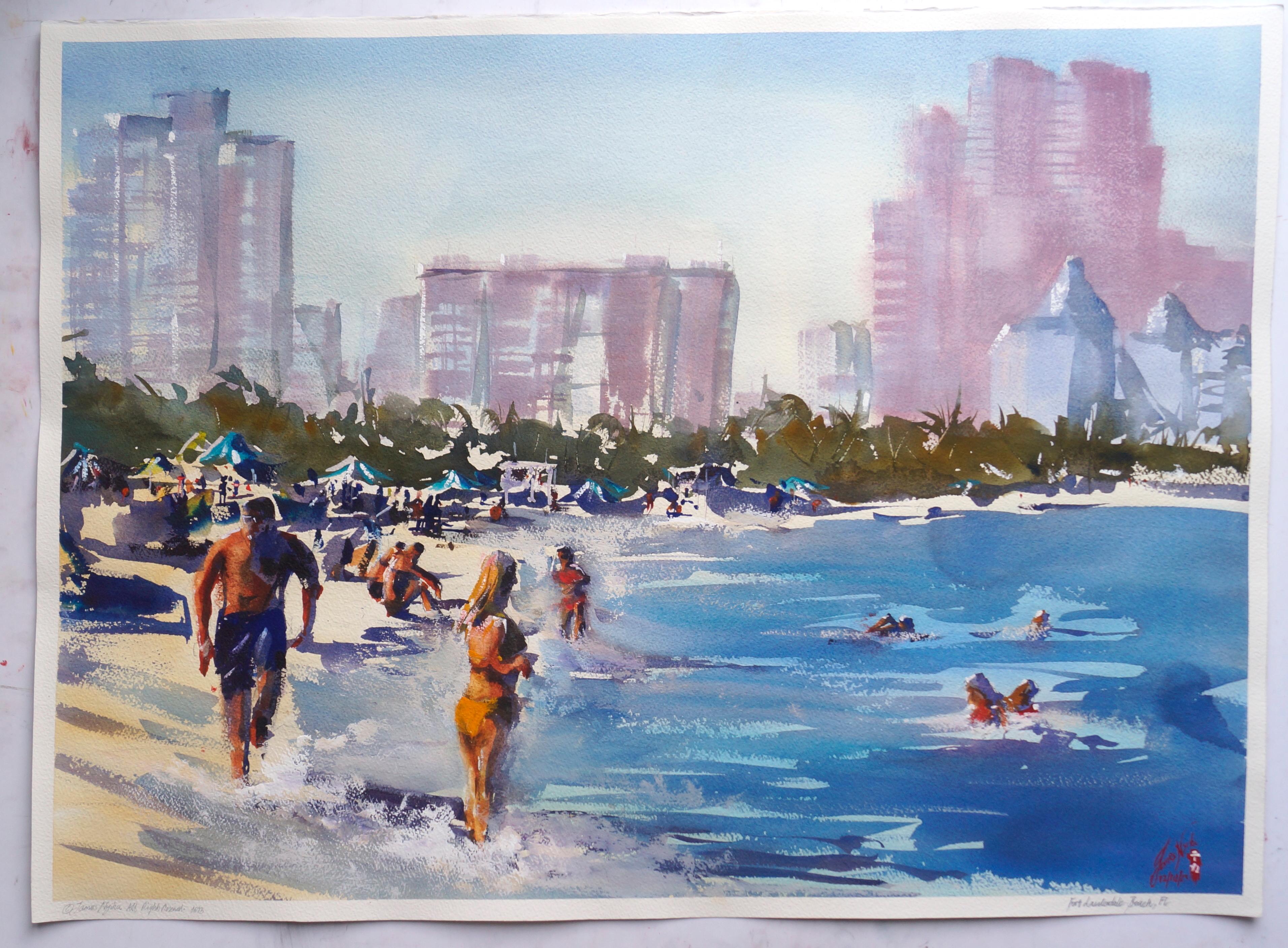 <p>Commenti dell'artista<br />Le persone si godono la bellezza di una spiaggia assolata e di un'acqua rinfrescante. Un uomo corre lungo la riva sabbiosa, mentre una donna in costume da bagno giallo si tuffa nell'oceano scintillante. I colori vivaci