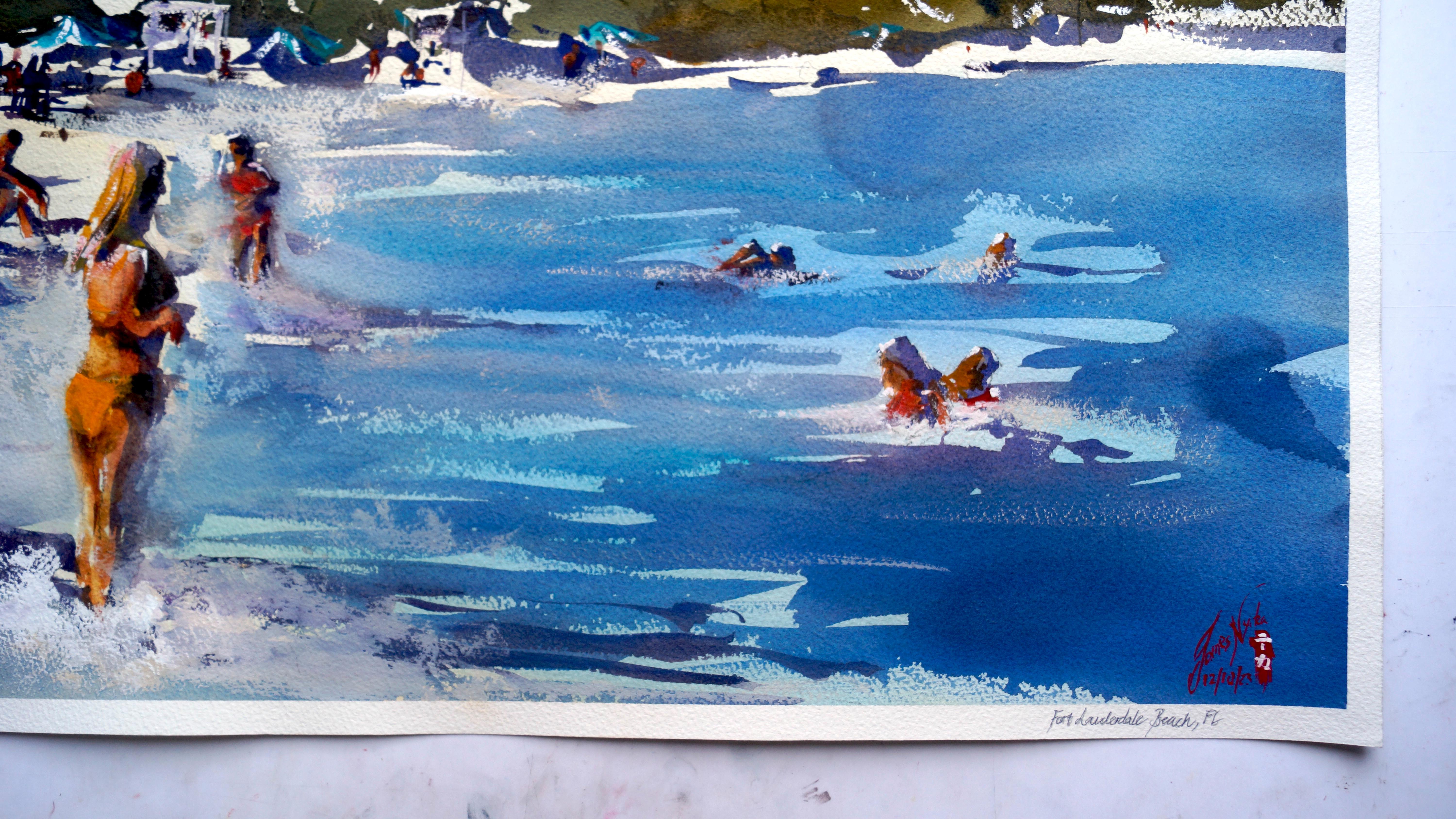 Spiaggia di Fort Lauderdale, Florida, dipinto originale - Art Impressionismo di James Nyika
