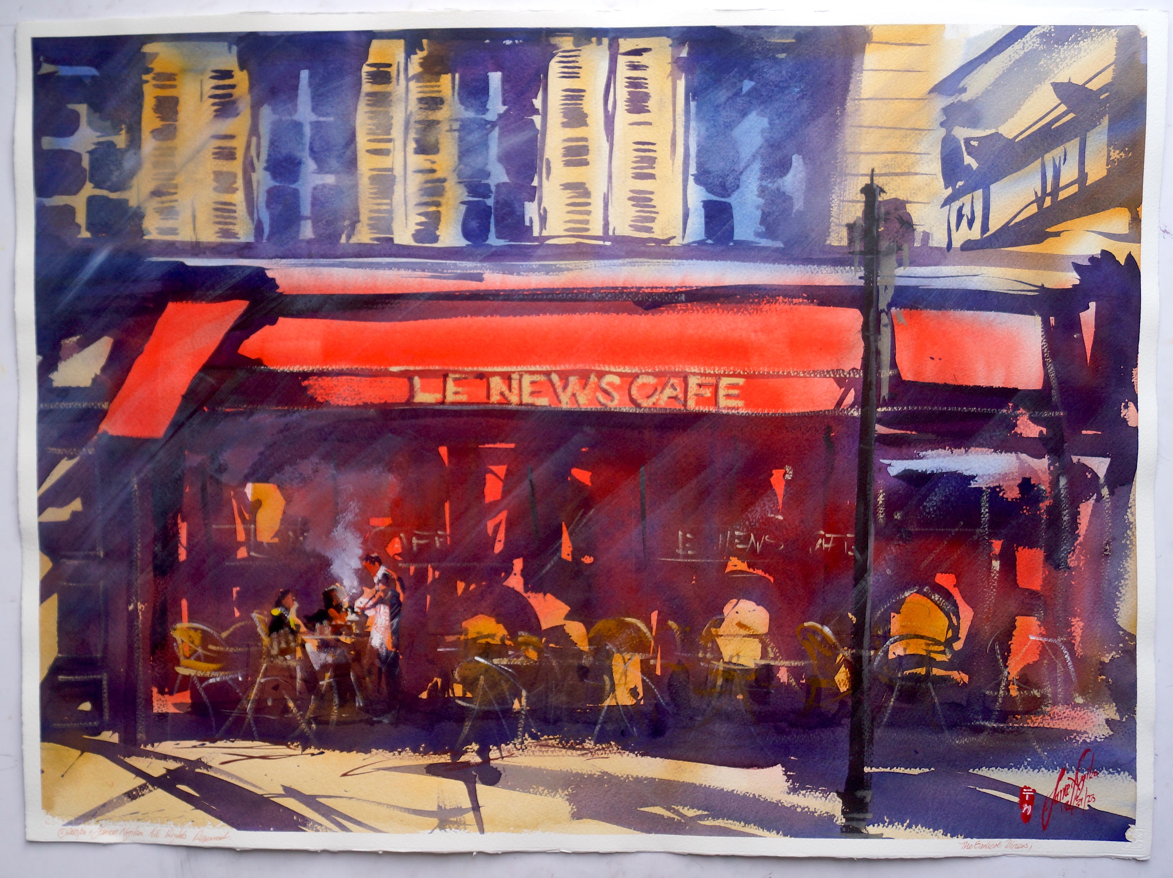 Le News Cafe, Originalgemälde (Impressionismus), Art, von James Nyika