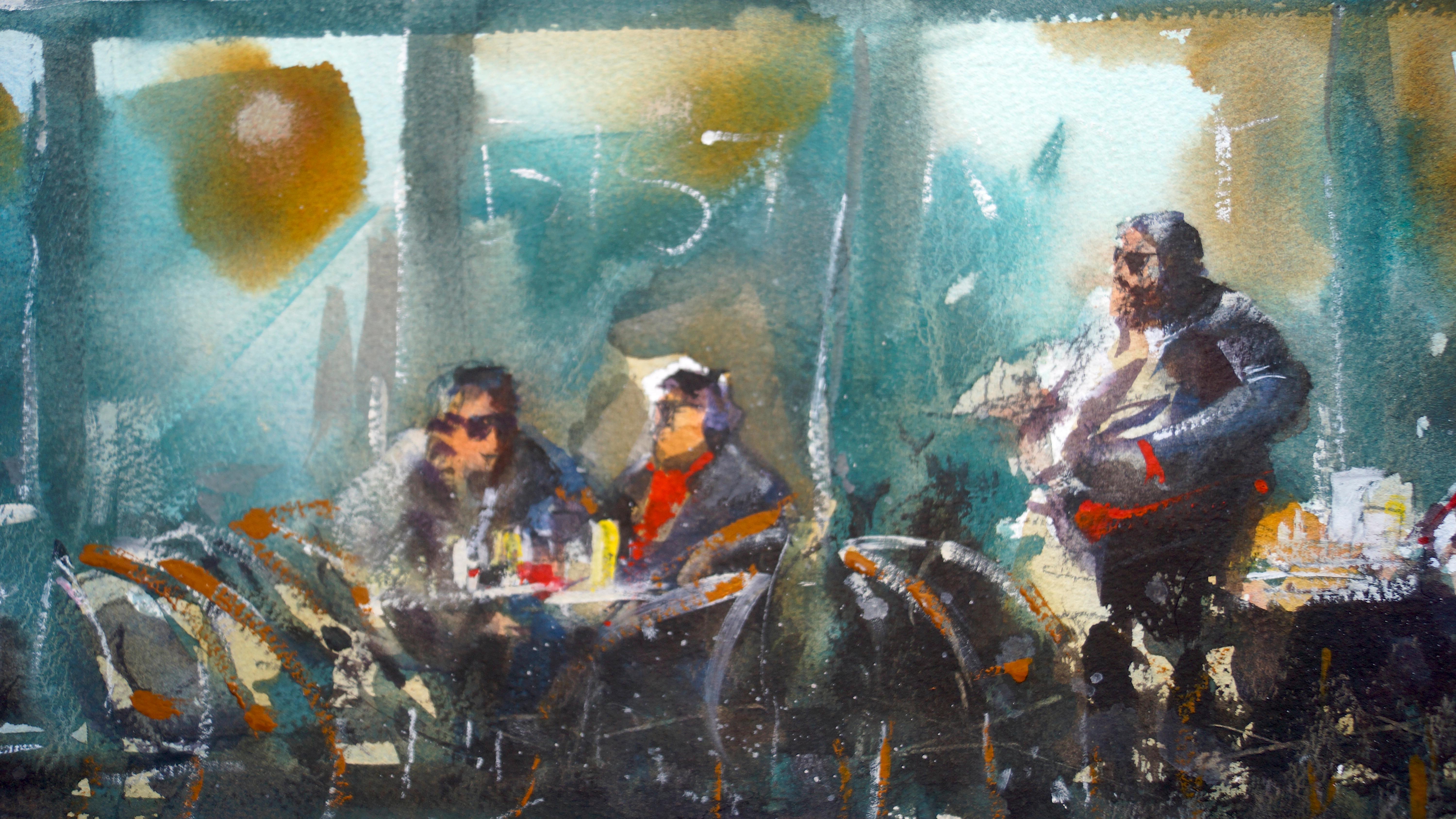 Le Bistrot Vivienne, Original Painting - Gray Interior Art by James Nyika