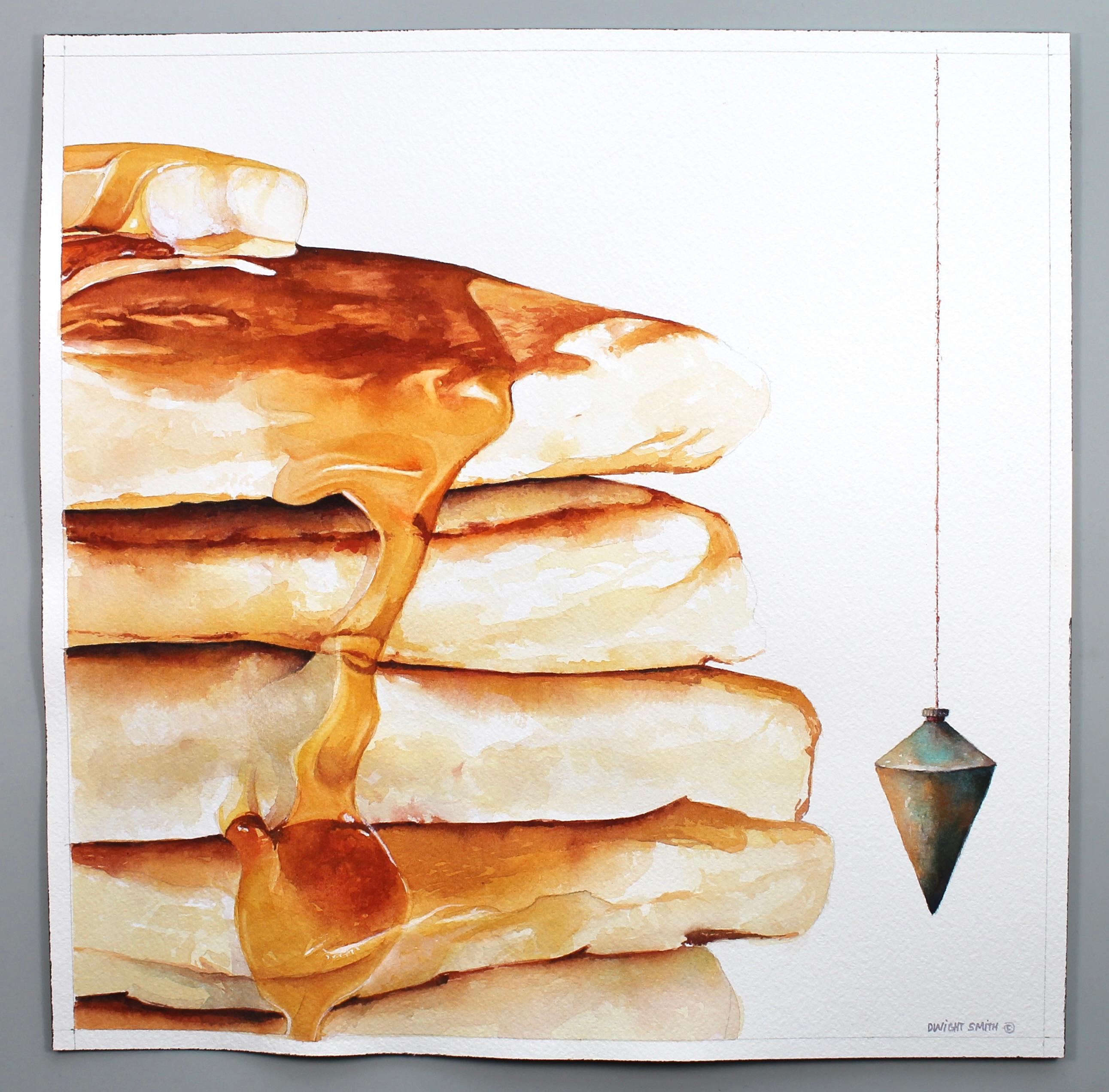<p>Artist Comments<br />A towering stack of pancakes, topped with butter and dripping syrup, balances as a plumb line ensures its perfect level. The precise measurement keeps the food from sliding off the plate. These deliberately exaggerated,