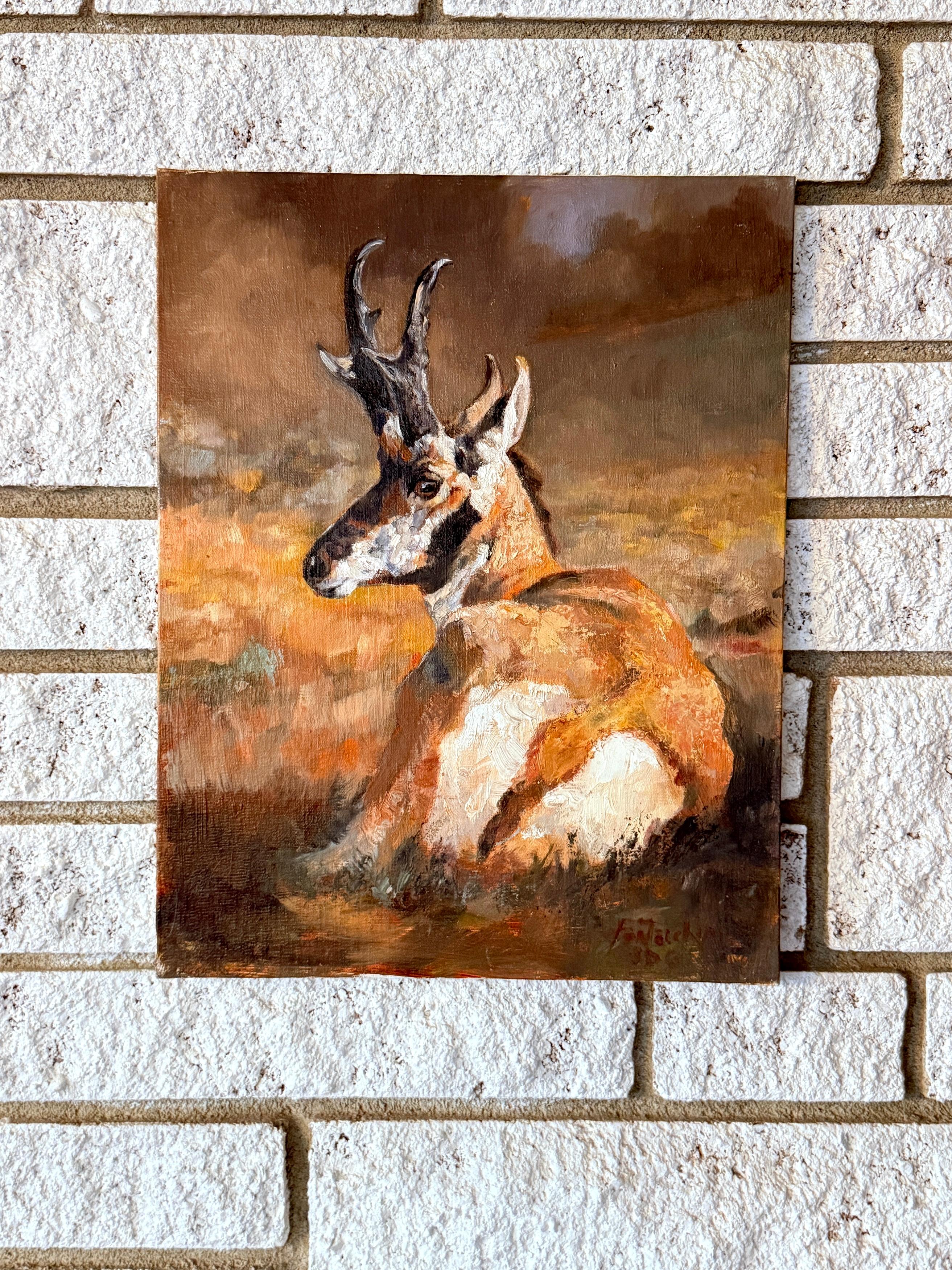 <p>Artist Comments<br />A majestic pronghorn antelope buck sits at the heart of a darkening prairie. The rich, warm tones and subtle background details emphasize the animalâ€™s distinctive features. Despite its gentle and still posture, its eye
