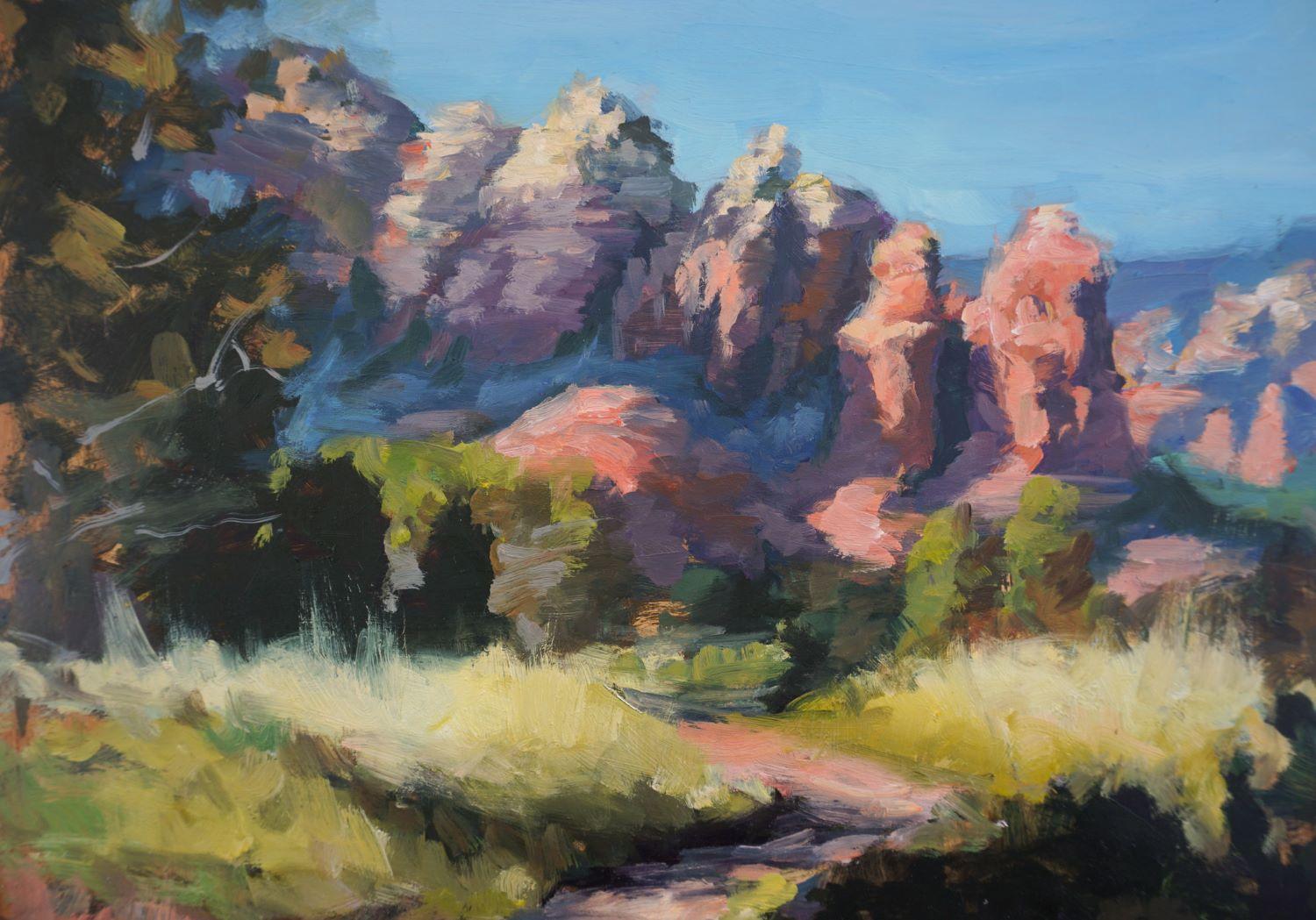View from the Airport Mesa Trail, peinture à l'huile - Gris Landscape Painting par Jonelle Summerfield