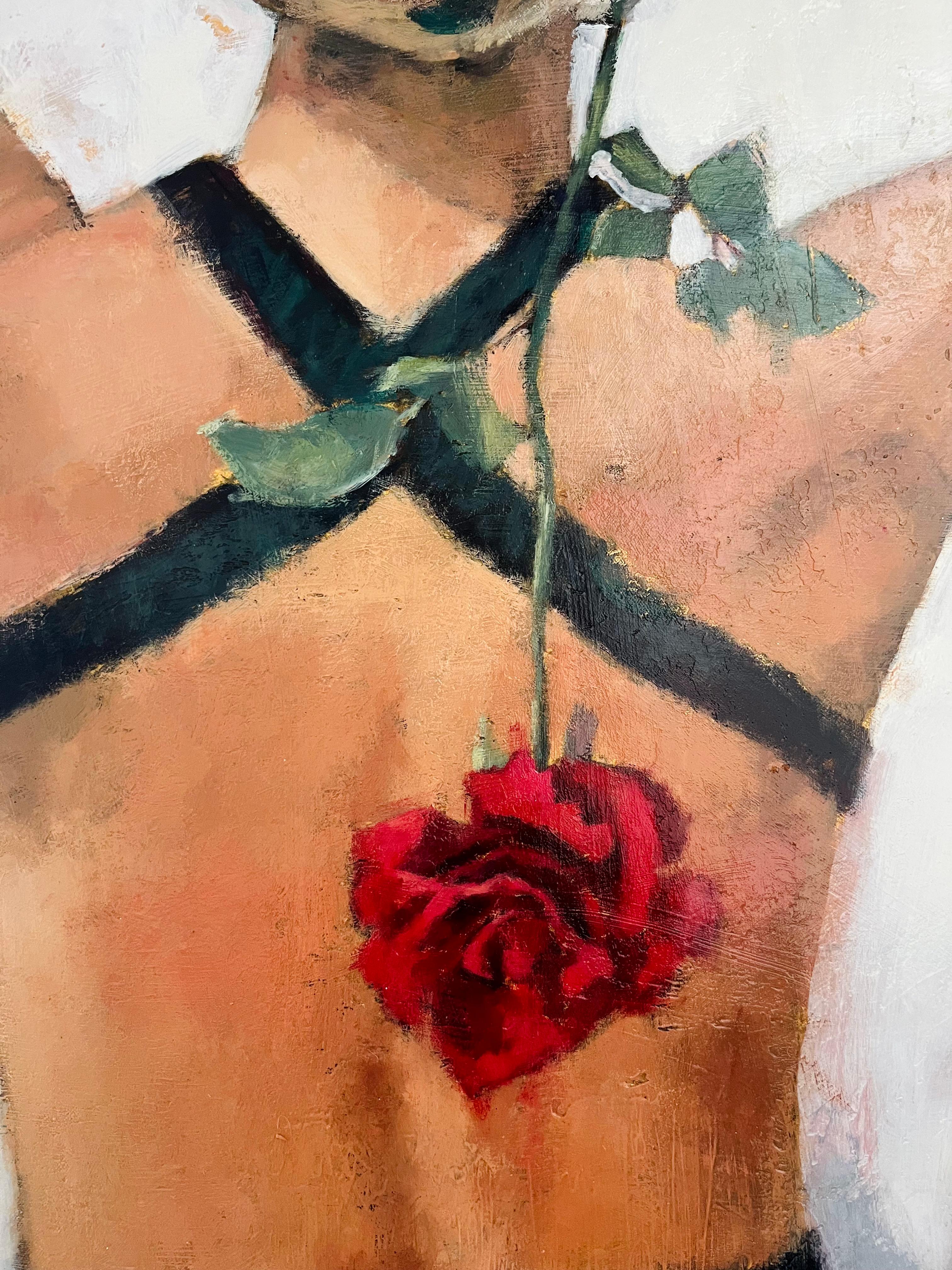 Il custode delle rose, dipinto originale - Figurative Painting Beige di Nava Lundy