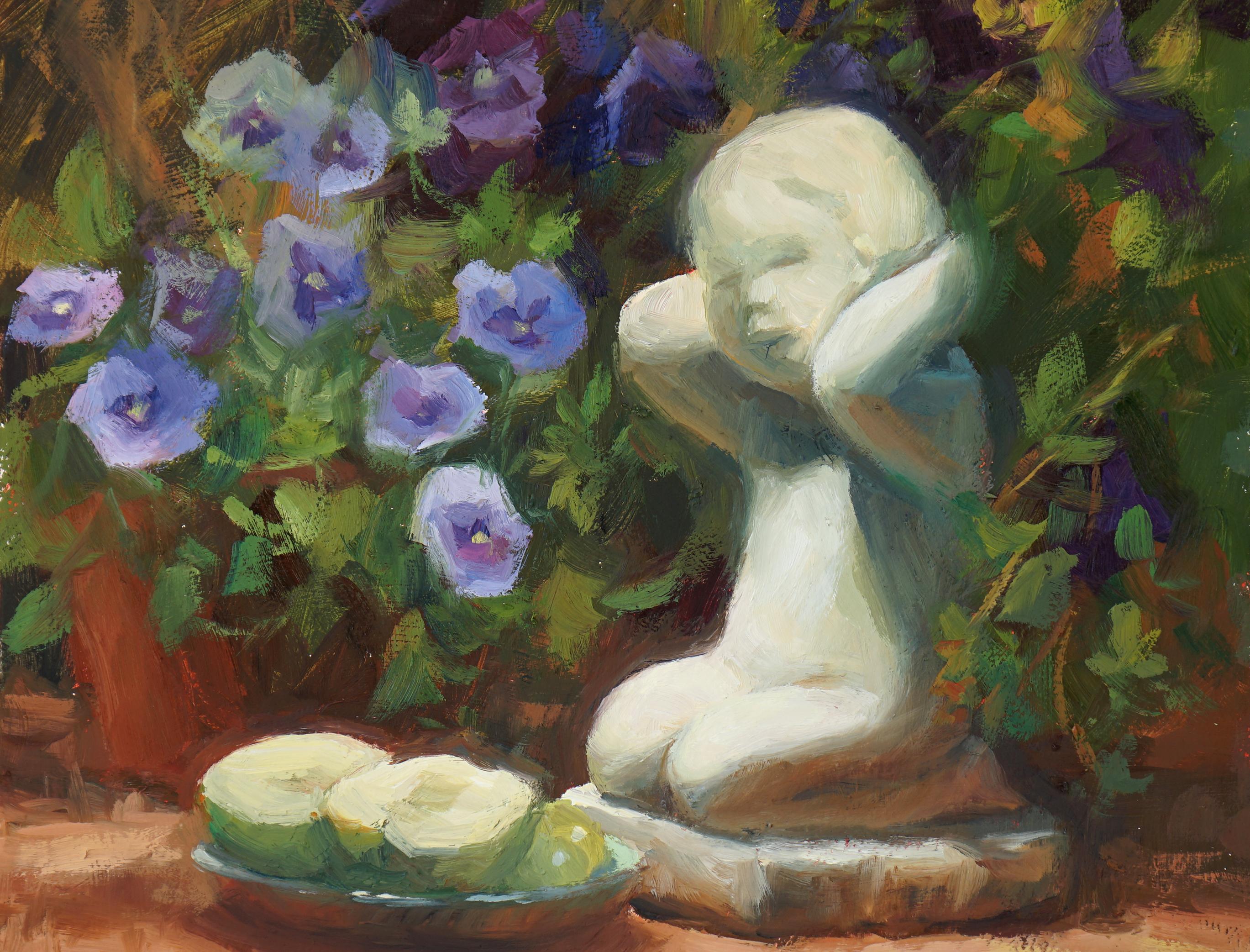Cherubino da giardino, Pittura a olio - Still-Life Painting Nero di Sherri Aldawood