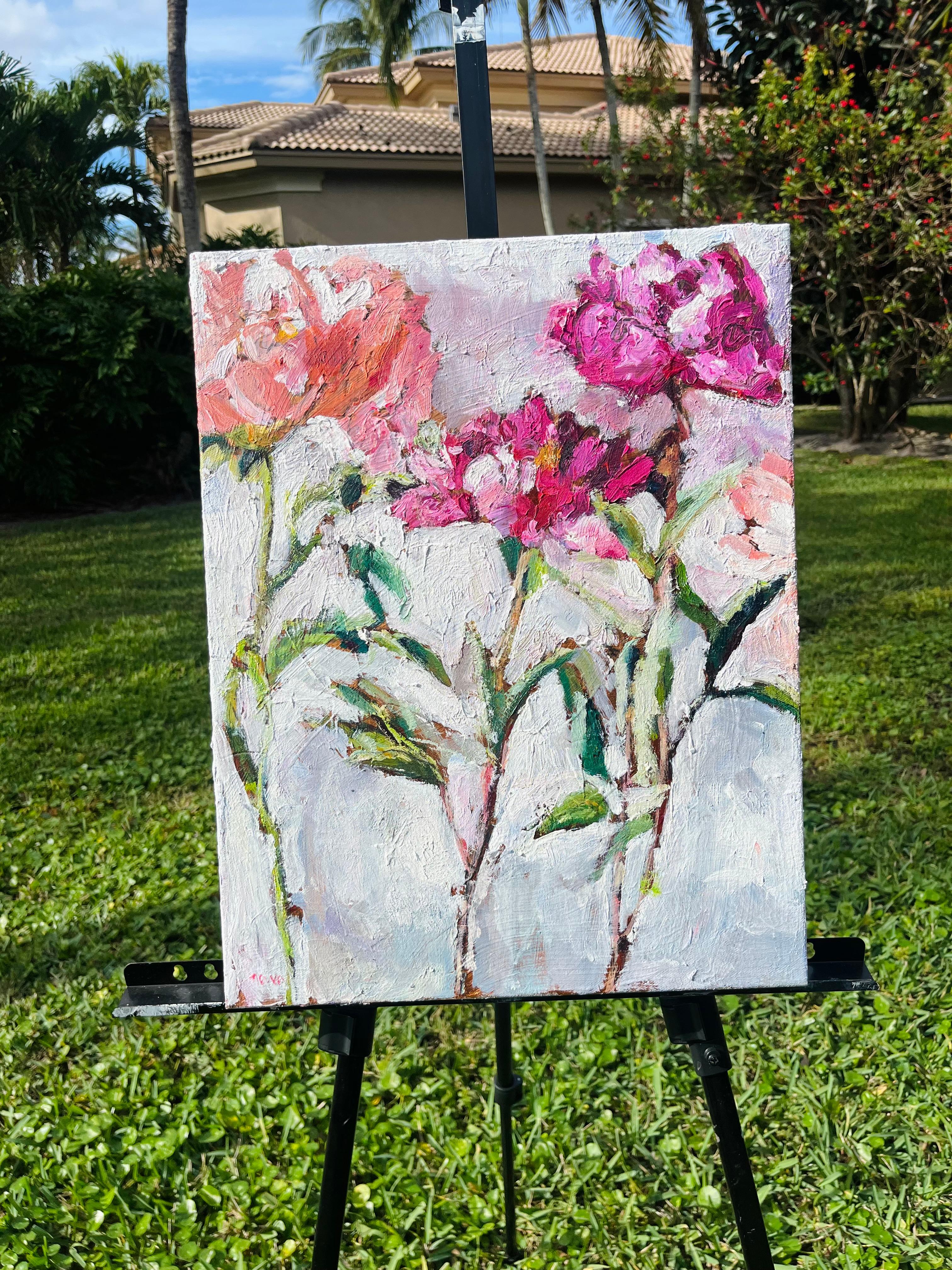 <p>Commentaires de l'artiste<br />Cette peinture combine les techniques du couteau à palette et du pinceau, en utilisant des empâtements importants pour créer une surface richement texturée. Des teintes vibrantes de rose, de magenta et de vert sont