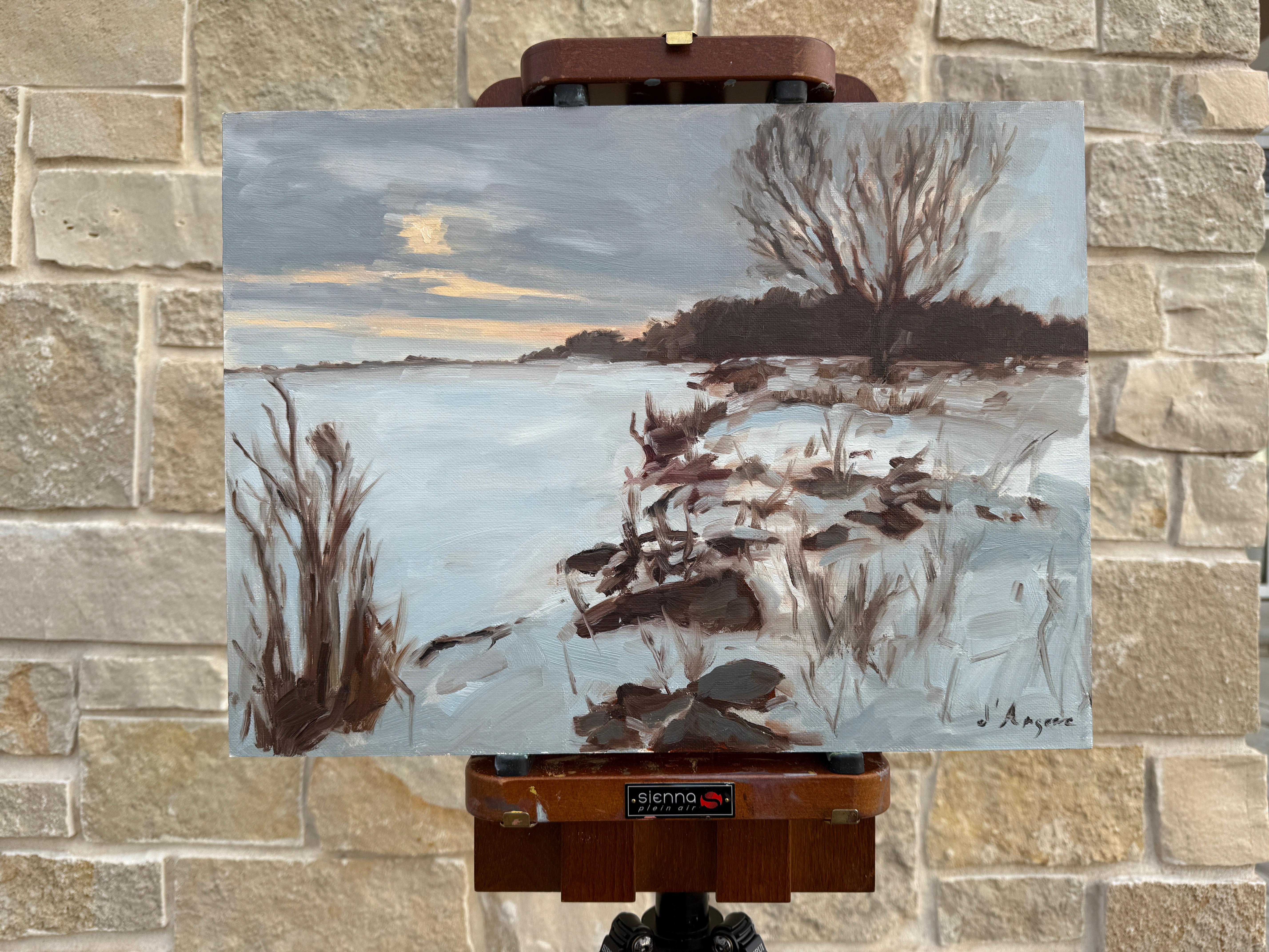 <p>Commentaires de l'artiste<br />Le lac du Whiting reste magnifique même en hiver, sa surface gelée devenant blanche à mesure que la neige s'accumule. Le soir, l'étendue glacée reflète les bleus et les gris doux du ciel, créant une scène