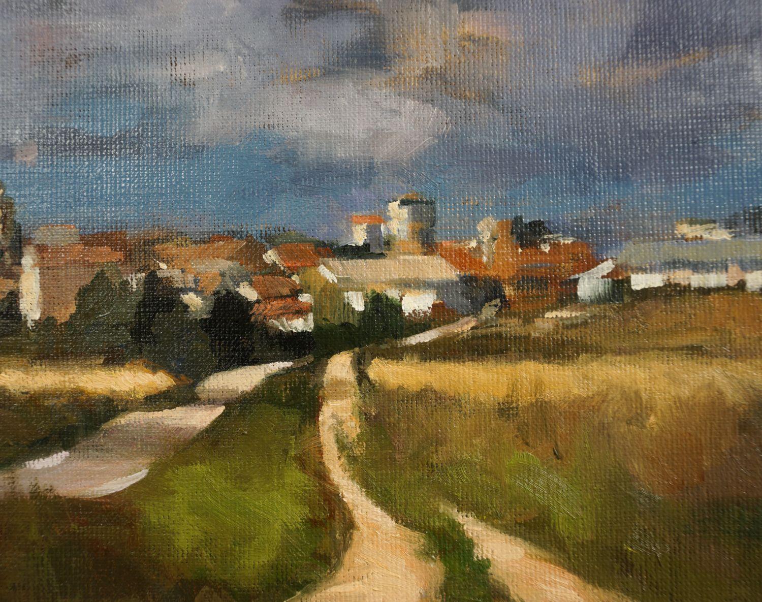 The Road to Carrion de Los Condes, peinture à l'huile - Gris Landscape Painting par Jonelle Summerfield