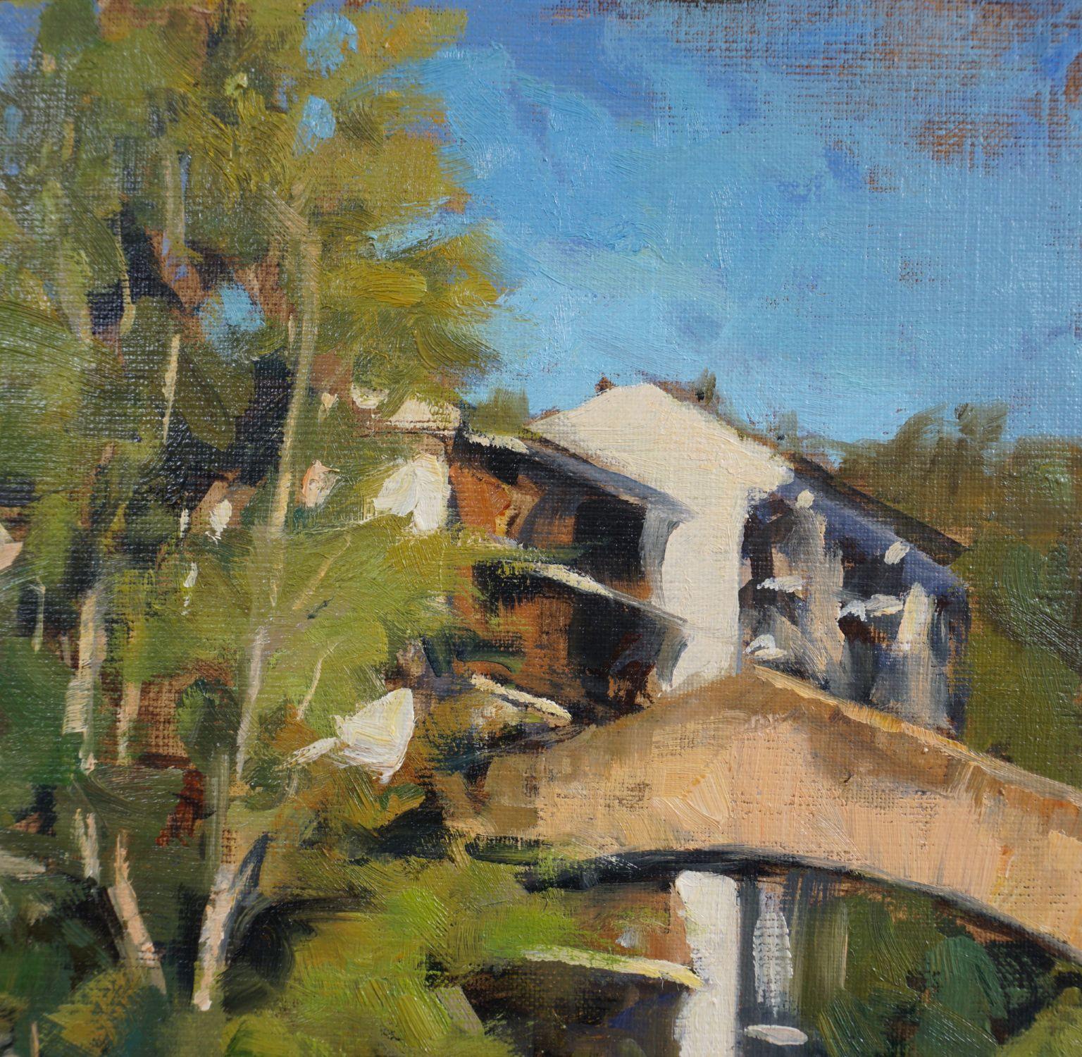A lo largo del río en Estella, España, Pintura al óleo - Landscape Painting Negro de Jonelle Summerfield