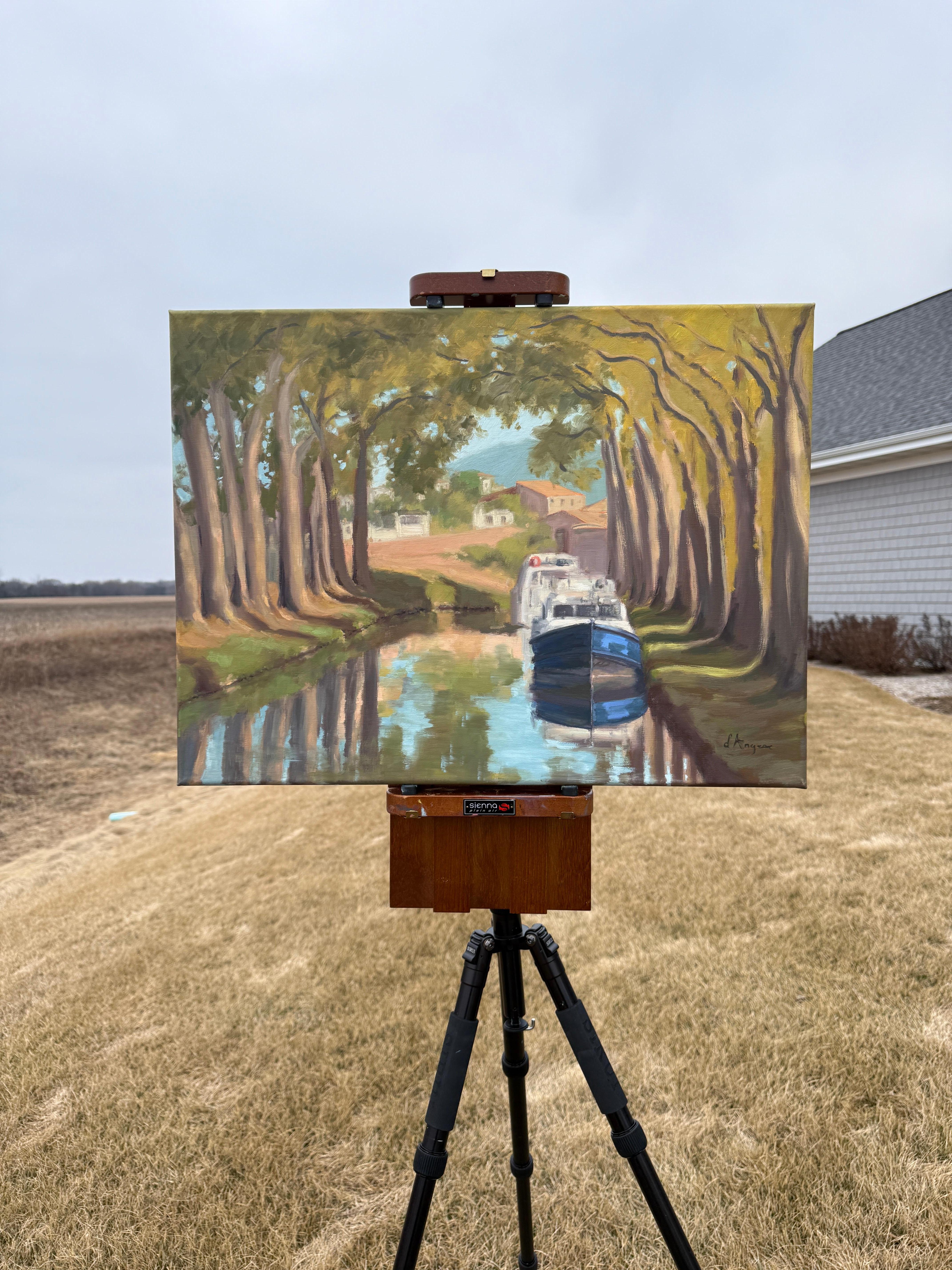 Canal du Midi, peinture à l'huile - Impressionnisme Painting par Karen d’Angeac Mihm