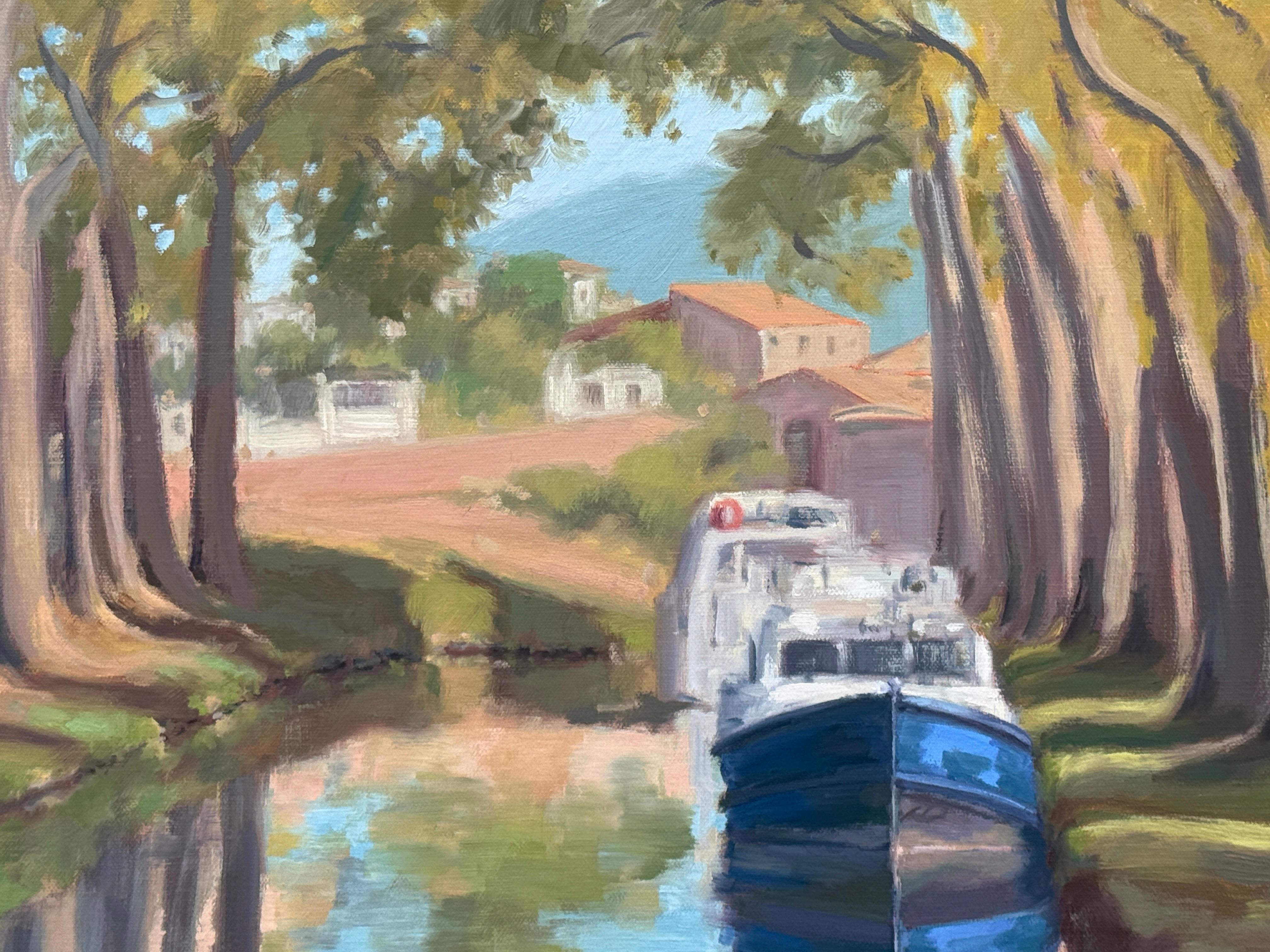 Canal du Midi, peinture à l'huile - Marron Landscape Painting par Karen d’Angeac Mihm