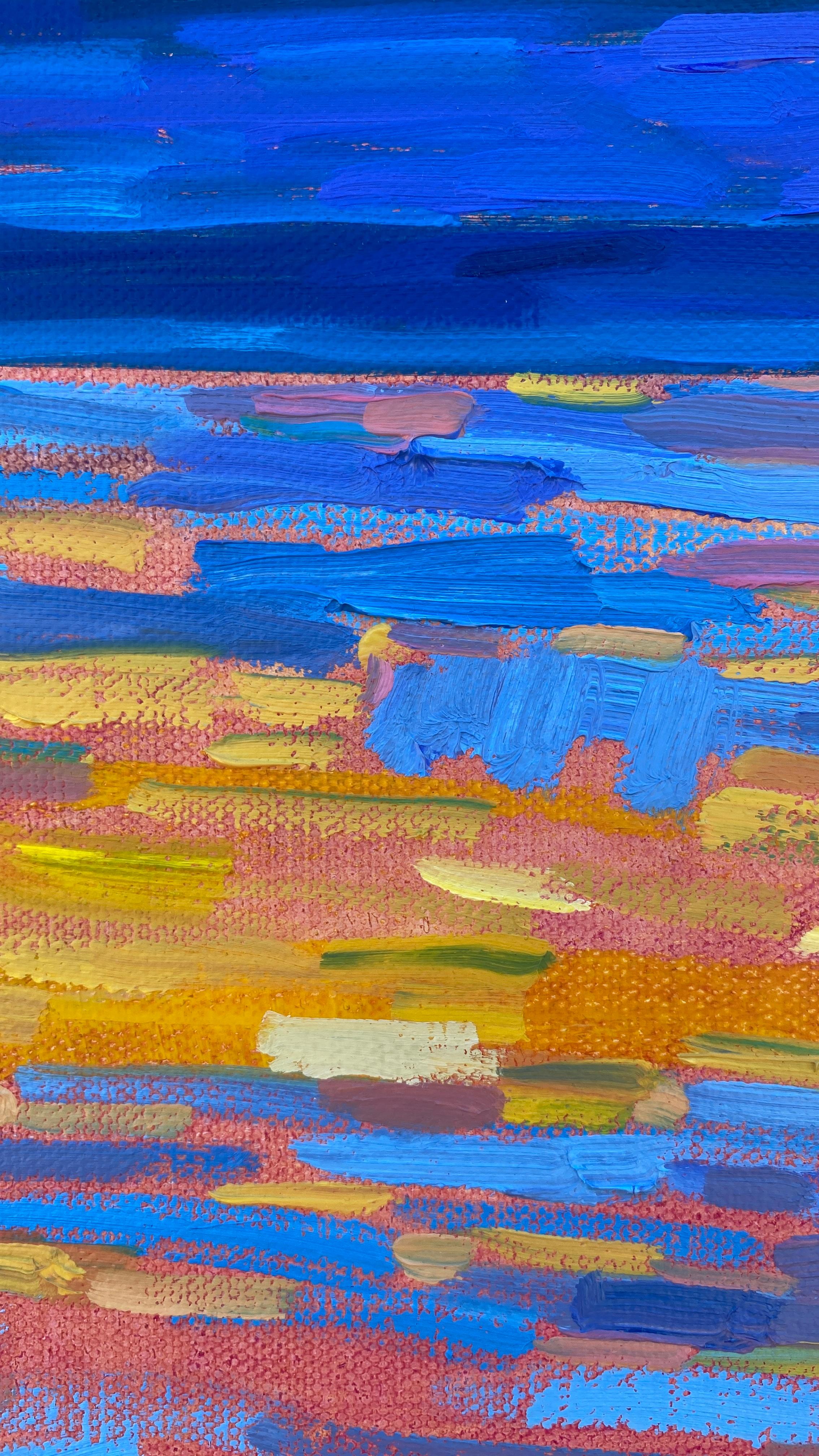The Golden Hour Reflections, peinture à l'huile - Marron Landscape Painting par Srinivas Kathoju