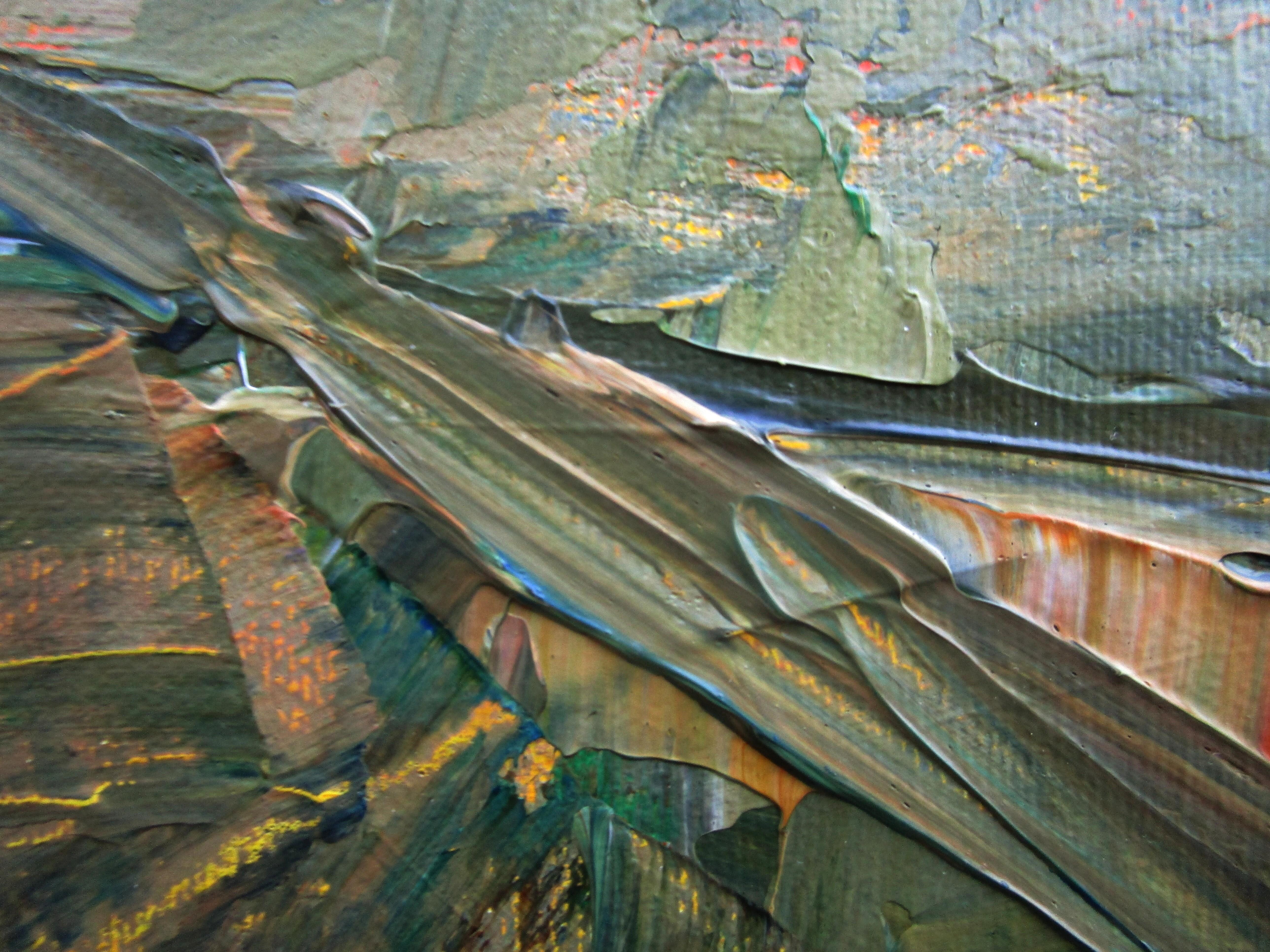 Traces dans le champ, peinture originale - Marron Landscape Painting par Janet Dyer