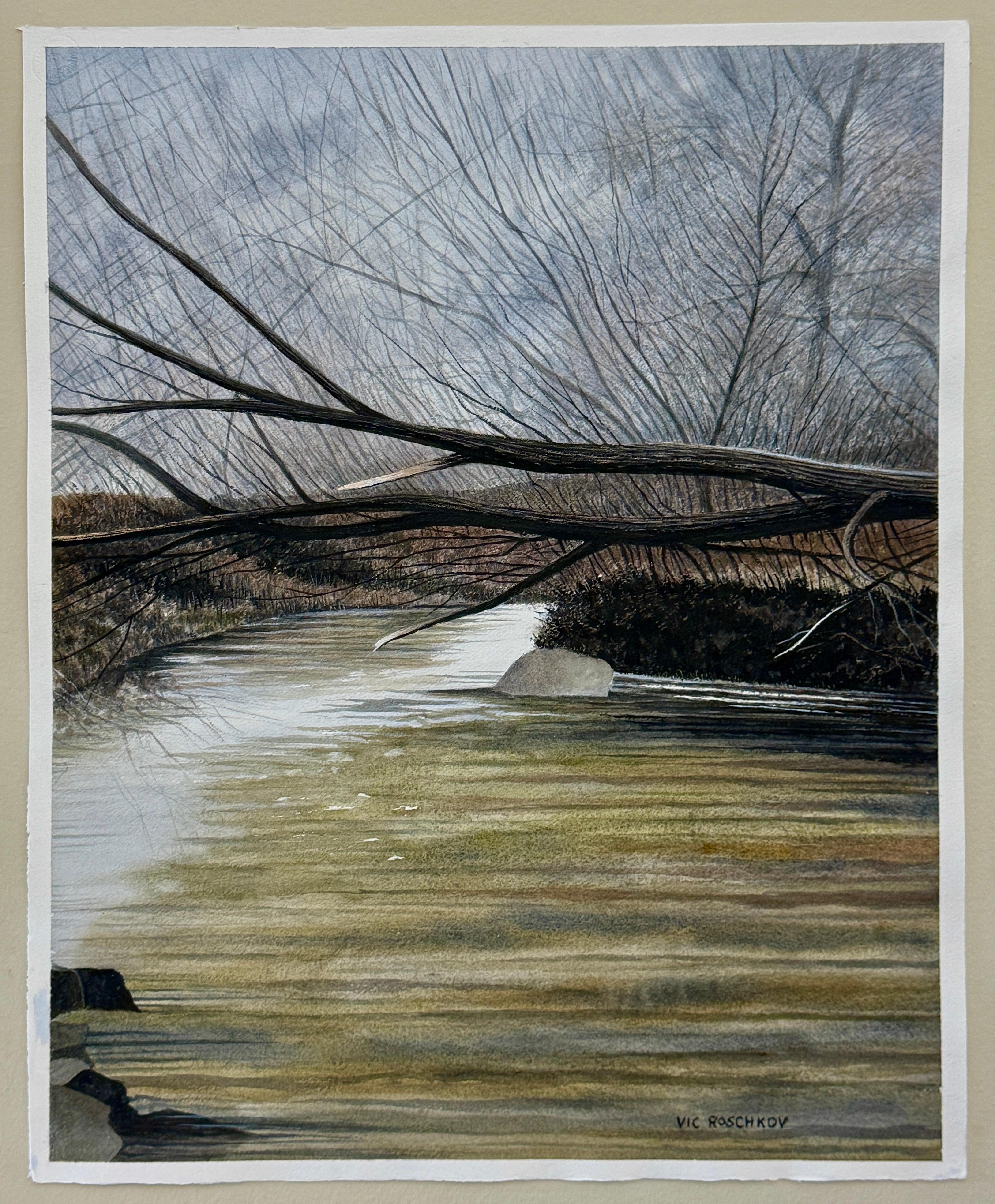 <p>Kommentare des Künstlers<br />Ein umgestürzter Baum streckt sich über einen gewundenen Fluss, seine kahlen Äste bilden ein Gewirr vor dem Himmel. Das Wasser fließt sanft und reflektiert das weiche Licht, während es sich bewegt. Entferntes