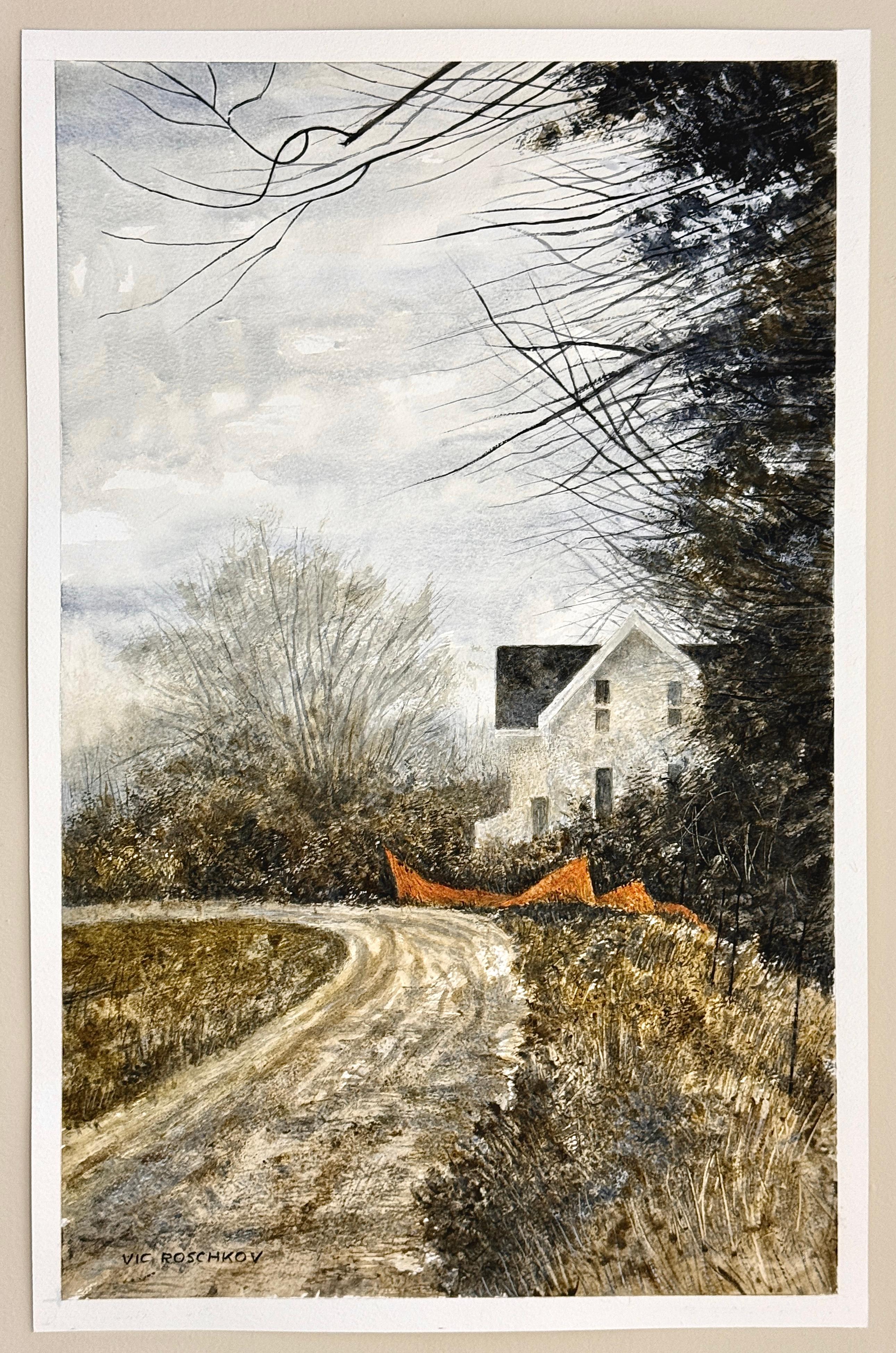 <p>Kommentare des Künstlers<br />Ein verwittertes Bauernhaus schmiegt sich an die Kurve einer Landstraße und verströmt rustikalen Charme. Die Reste eines orangefarbenen Schneezauns bilden einen lebhaften Kontrast zu den dunklen, gedämpften Erdtönen