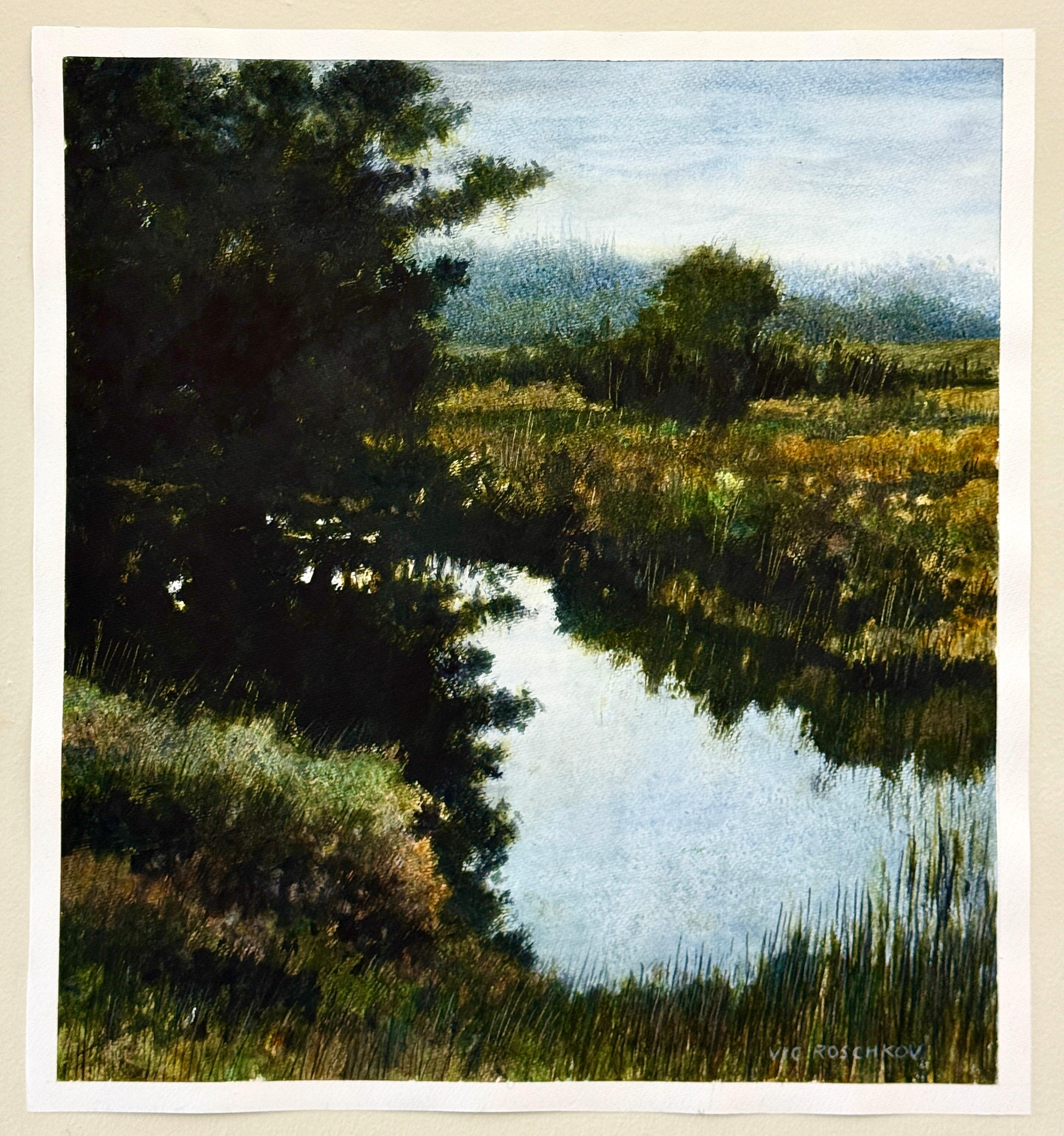 <p>Comentarios del artista<br />Un río que fluye suavemente refleja el suave resplandor de una cálida mañana de verano, creando una sensación de calma y quietud. Un árbol imponente proyecta sombras profundas sobre el agua. Una exuberante vegetación