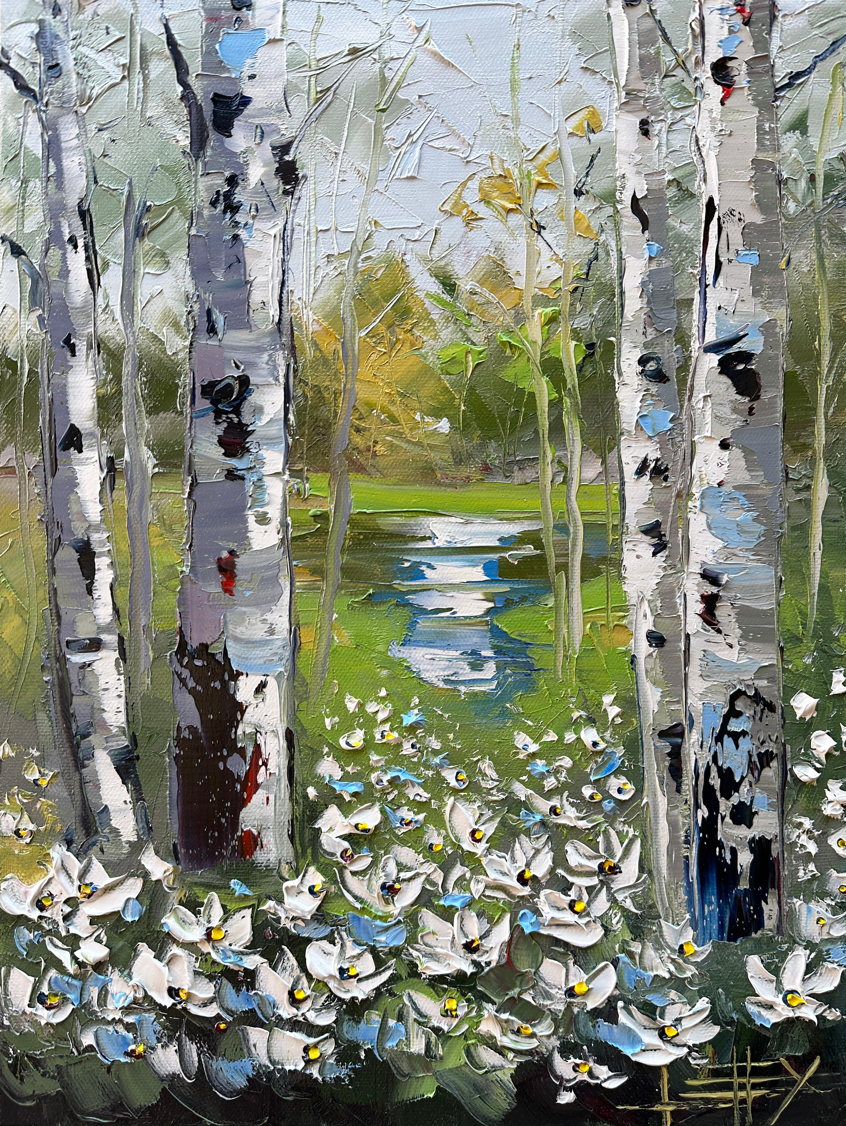 Landscape Painting di Lisa Elley - Sussurri di Eleganza di Betulla, Pittura a olio