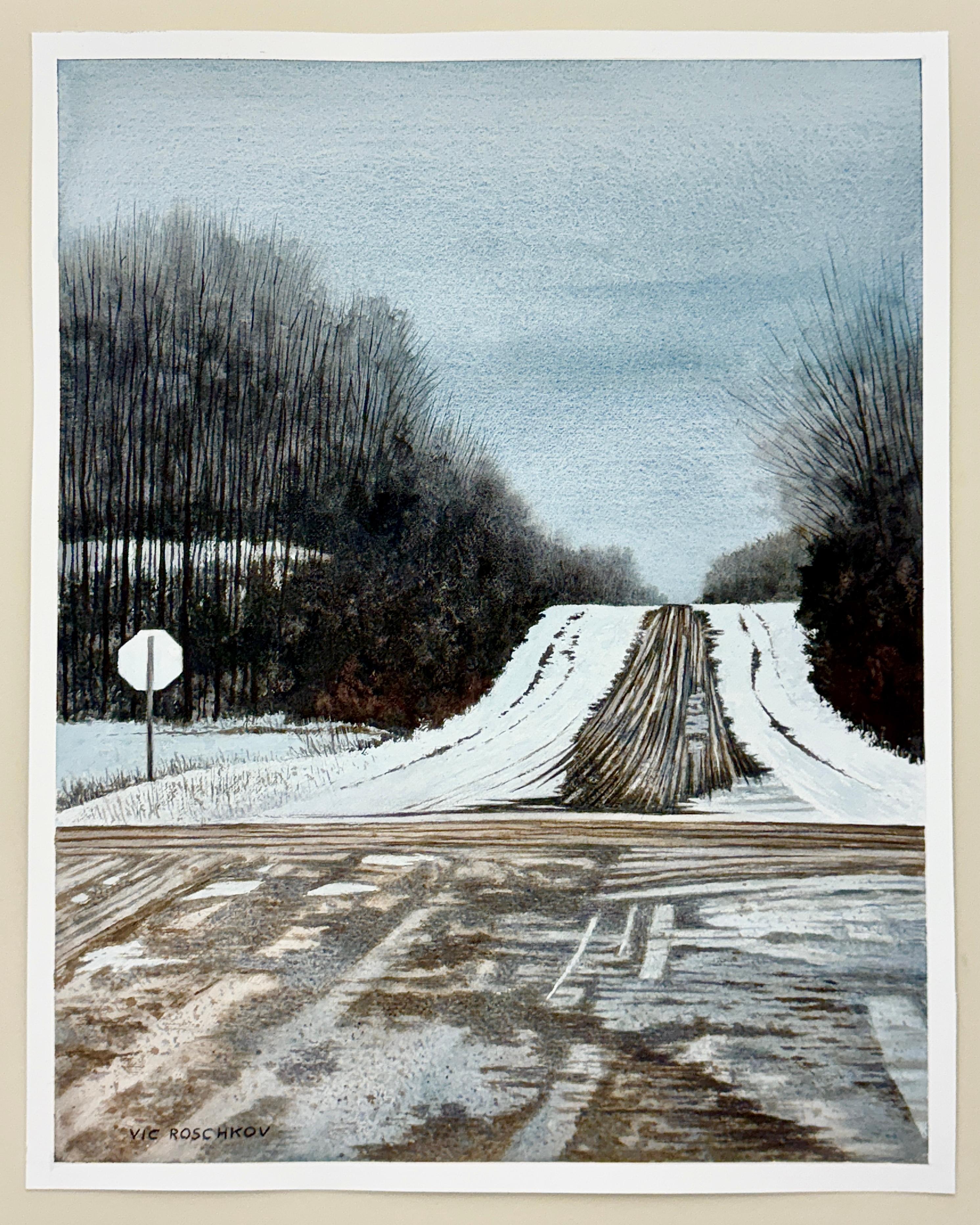 <p>Kommentare des Künstlers<br />In der Ferne erstreckt sich eine winterliche Landstraße, die ein Gefühl von Ruhe und Abgeschiedenheit hervorruft. Kahle Bäume und schneebedeckte Felder rahmen die Szene ein. Reifenspuren durchziehen die eisige