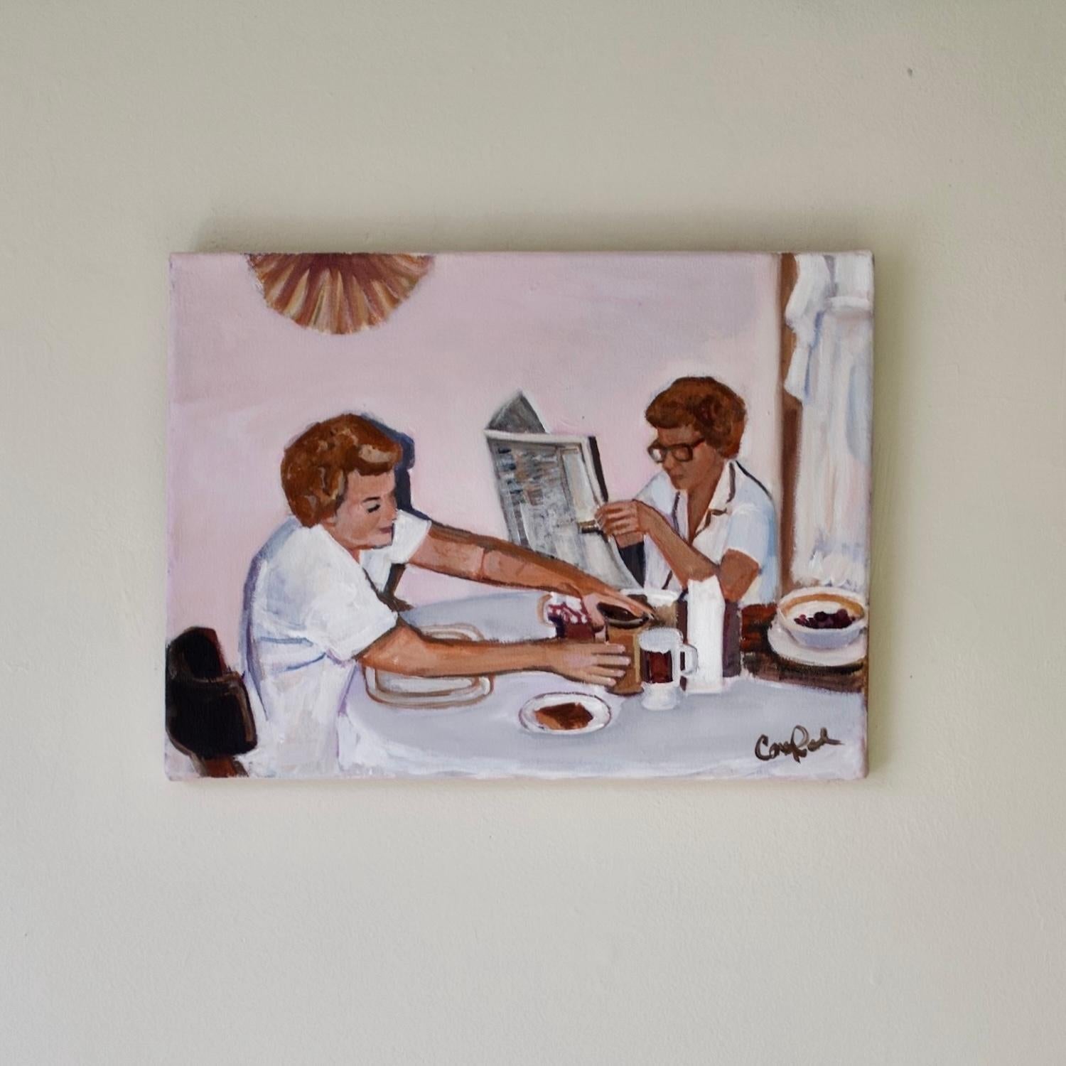<p>Commentaires de l'artiste<br />Inspirée de photos de famille des années 1960, l'œuvre représente deux sœurs profitant d'une matinée tranquille. L'une lit un journal pendant que l'autre prépare son petit-déjeuner. Les blancs et les roses doux