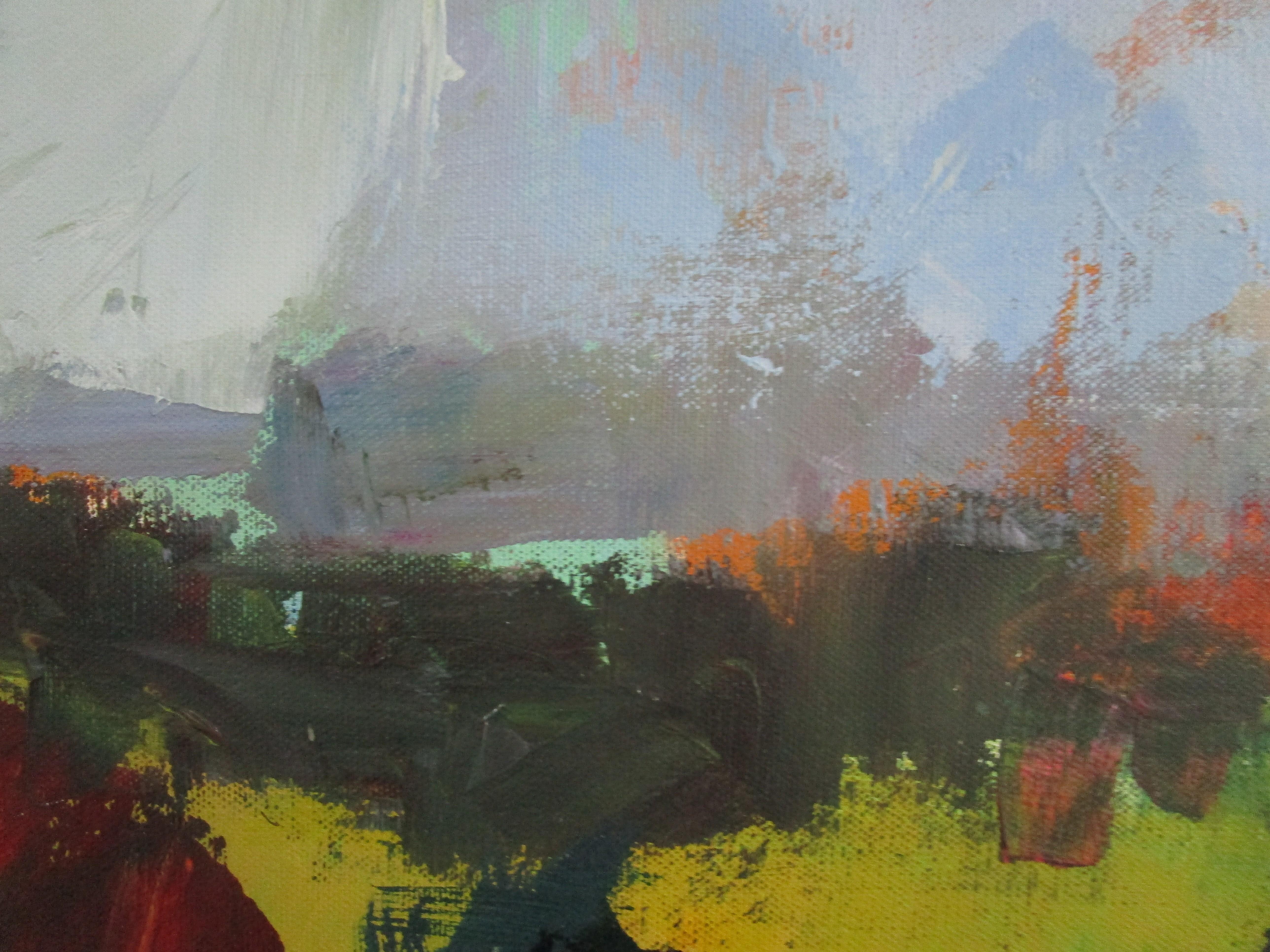 Peinture originale de Yellow Field - Gris Landscape Painting par Janet Dyer