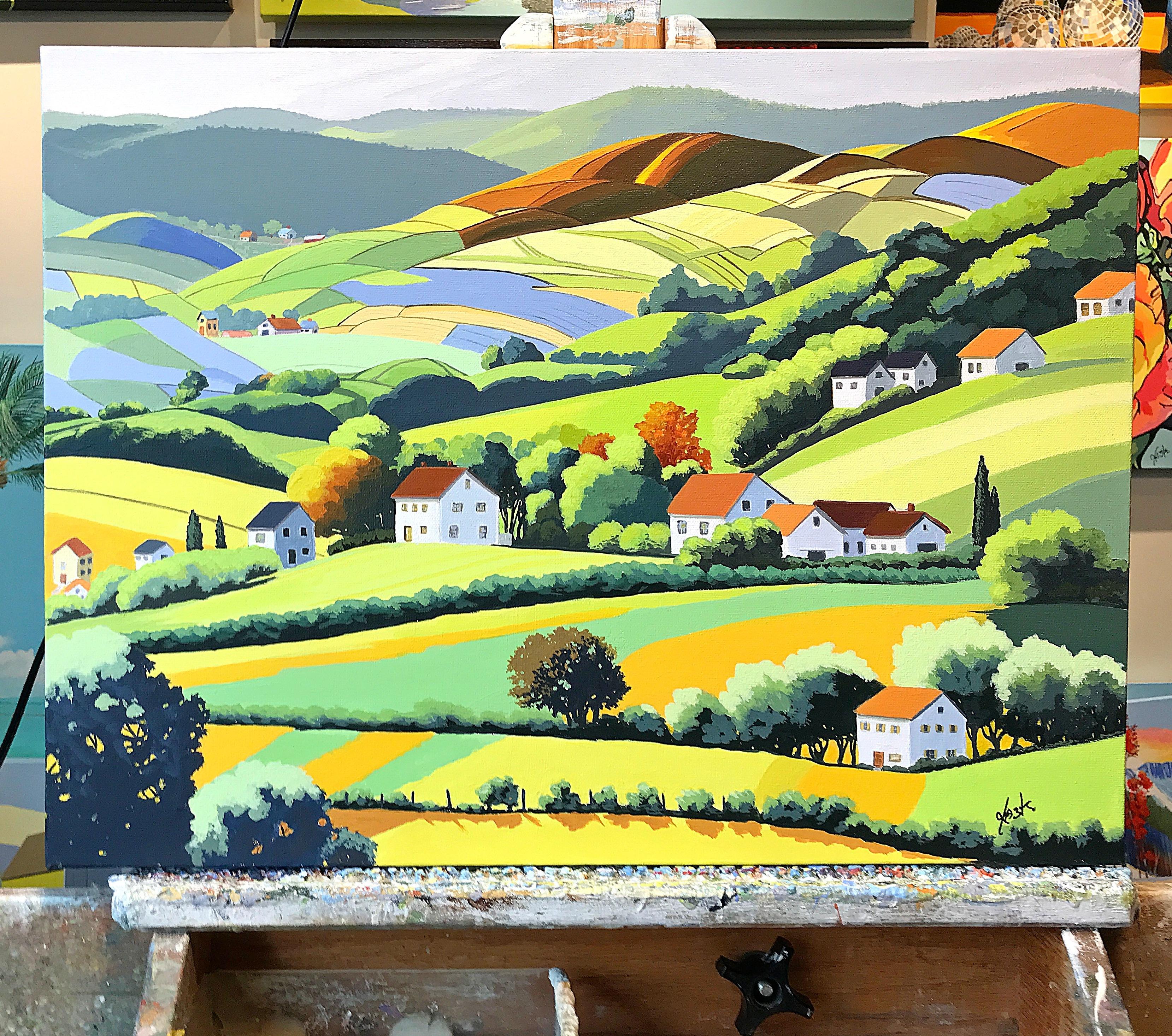 <p>Commentaires de l'artiste<br />Une vue panoramique de collines ondulantes met en valeur des champs ruraux divisés en sections de différentes cultures dans le lointain. Plus près du premier plan, le paysage devient luxuriant avec des pelouses