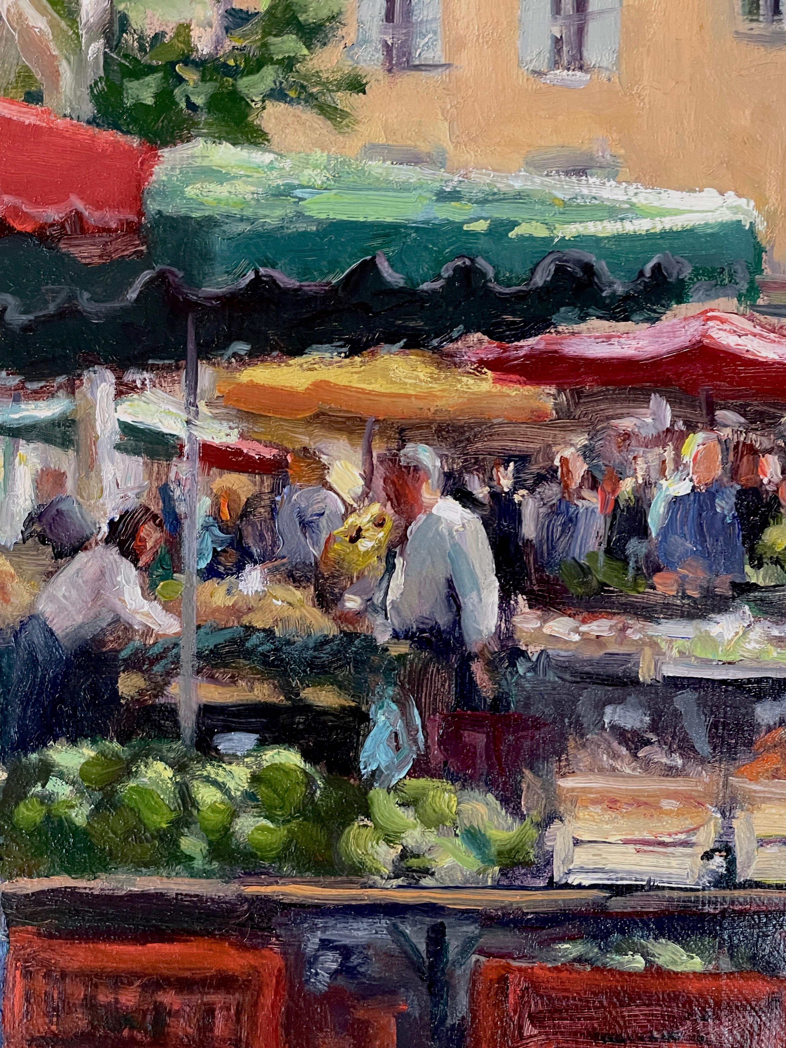 Giorno di mercato (Provenza), Pittura ad olio - Figurative Painting Grigio di Faye Vander Veer