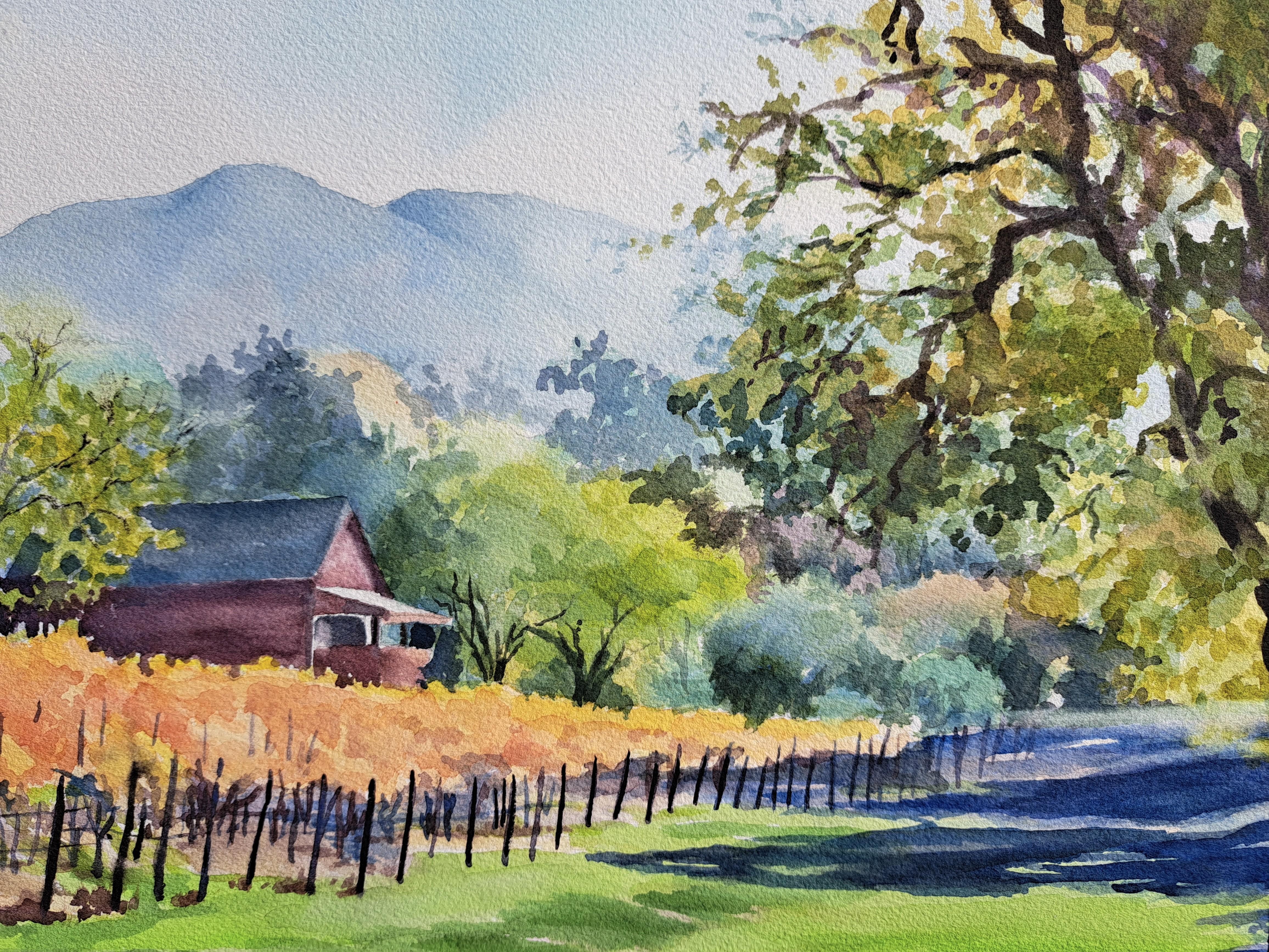 La cabaña del viñador, pintura original - Landscape Art Gris de Catherine McCargar