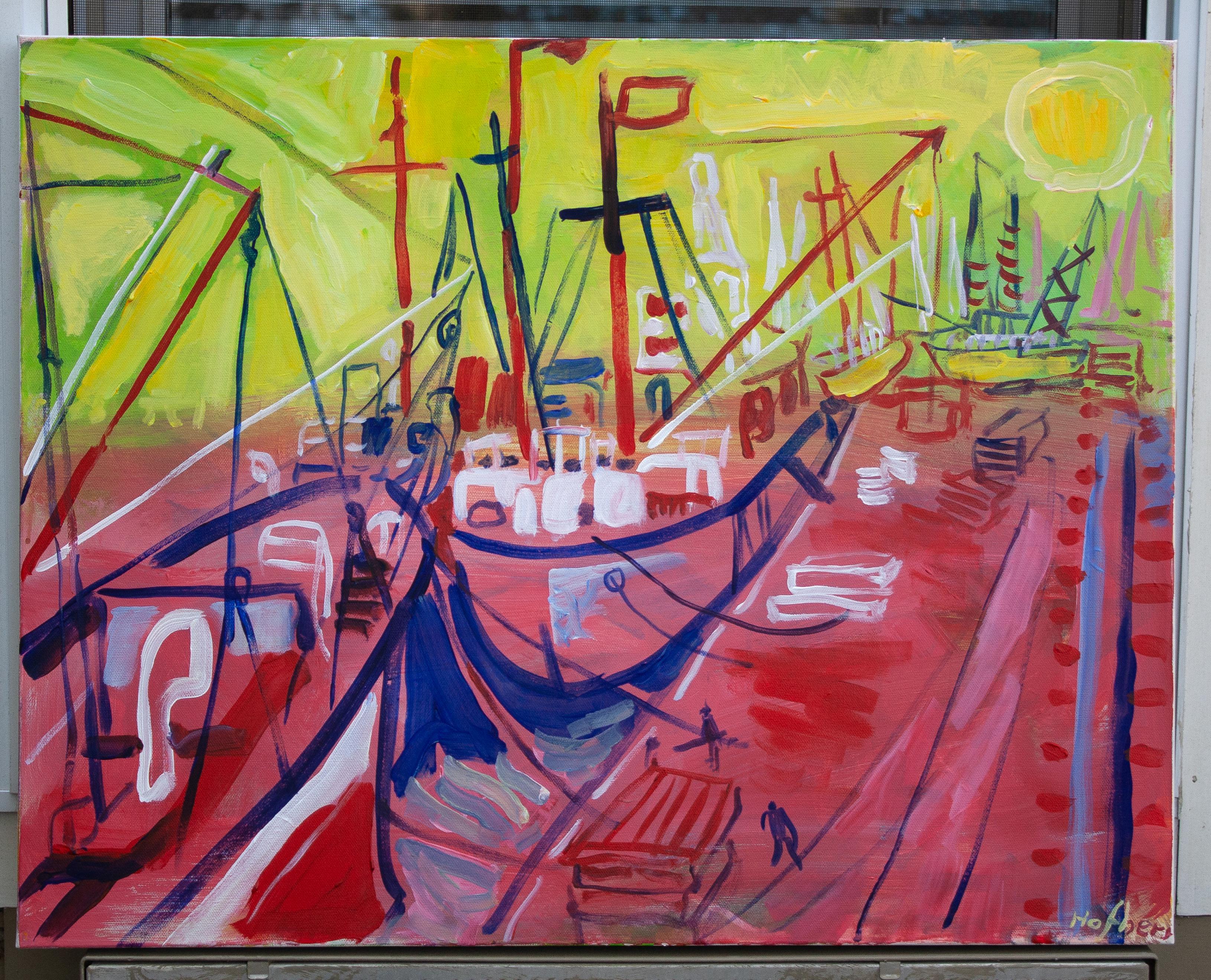 <p>Commenti dell'artista<br>Grandi navi da carico riposano in porto, rese con colori audaci e pennellate energiche. Invece di un realismo rigoroso, la composizione abbraccia contrasti vibranti
