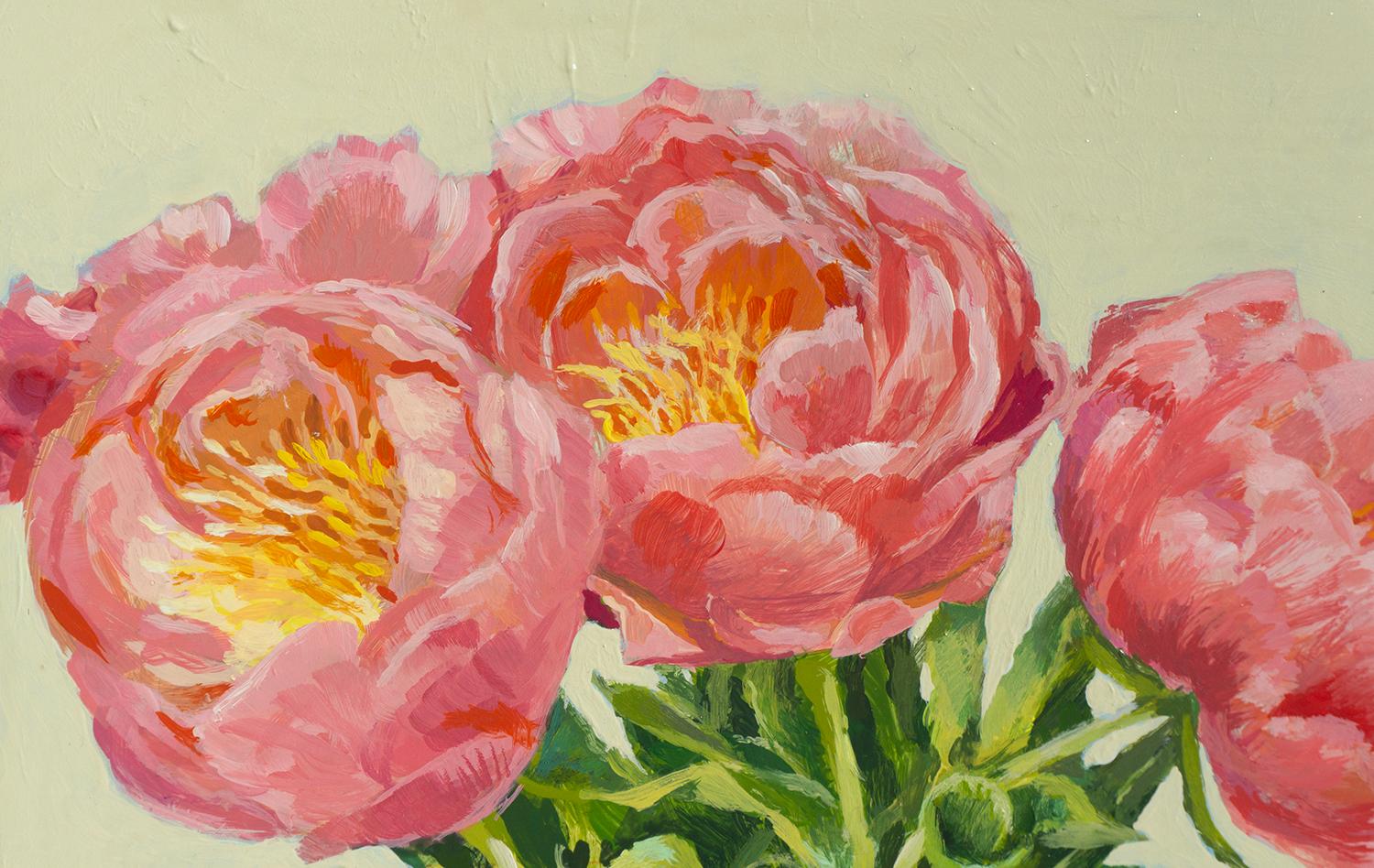 Peonie rosa, dipinto originale - Still-Life Painting Marrone di Mary Beatty-Brooks
