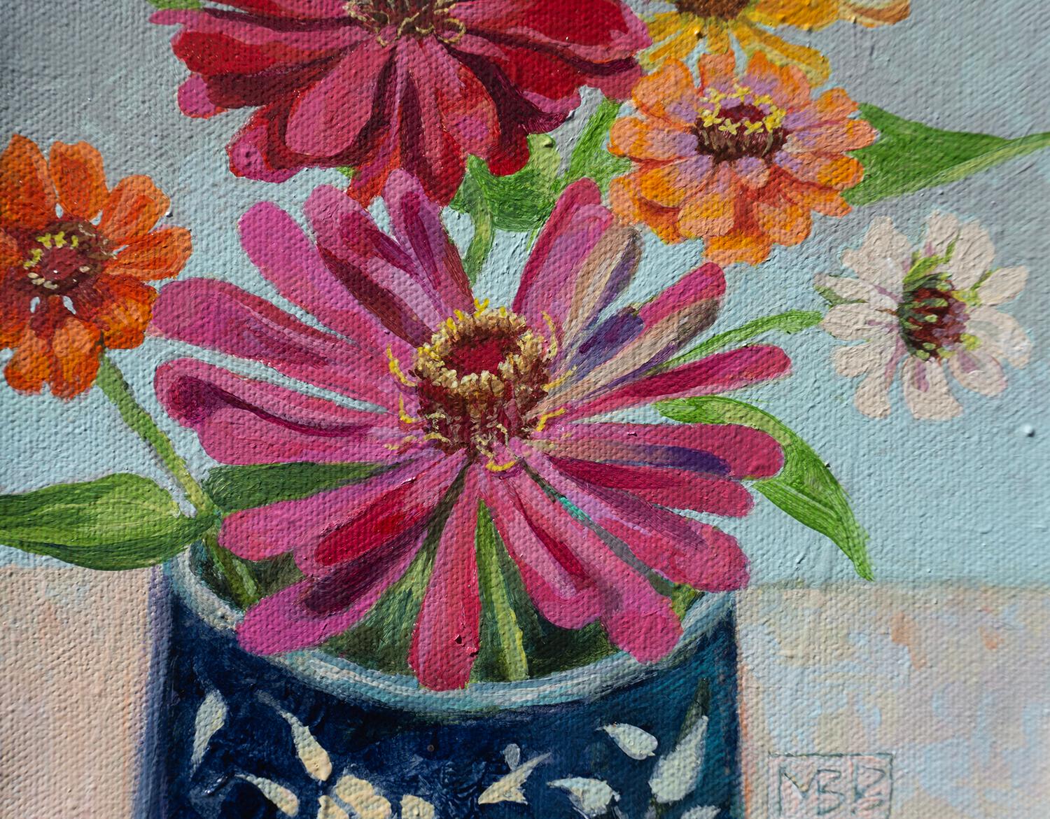 Zinnias in a Blue Mug, Original Painting For Sale 1