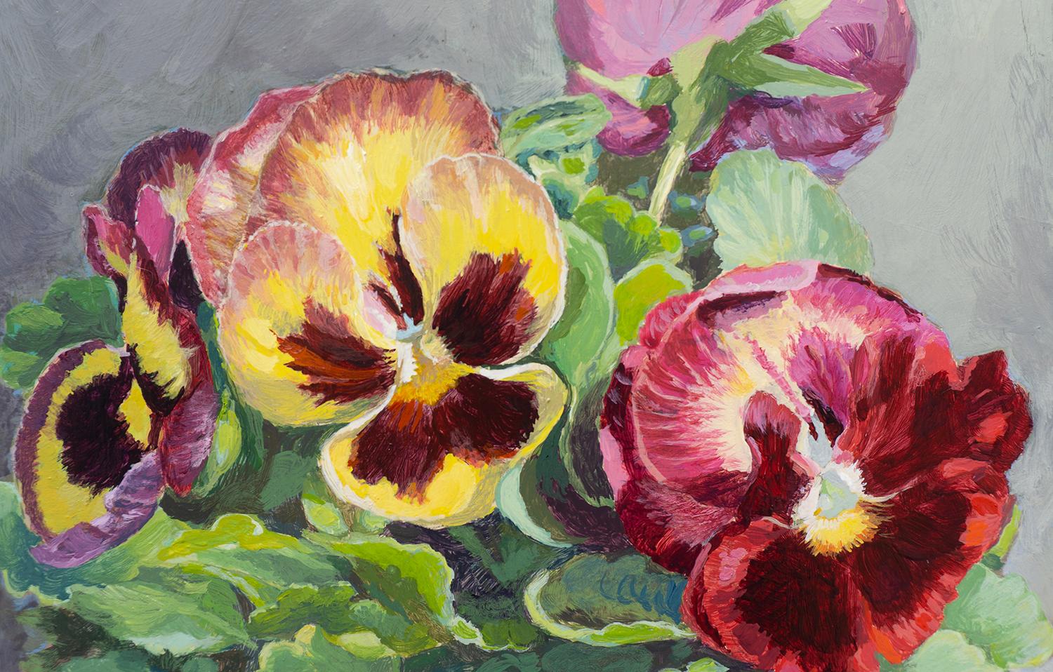 Pensamientos amarillos, rojos y morados, Pintura original - Still-Life Painting Marrón de Mary Beatty-Brooks