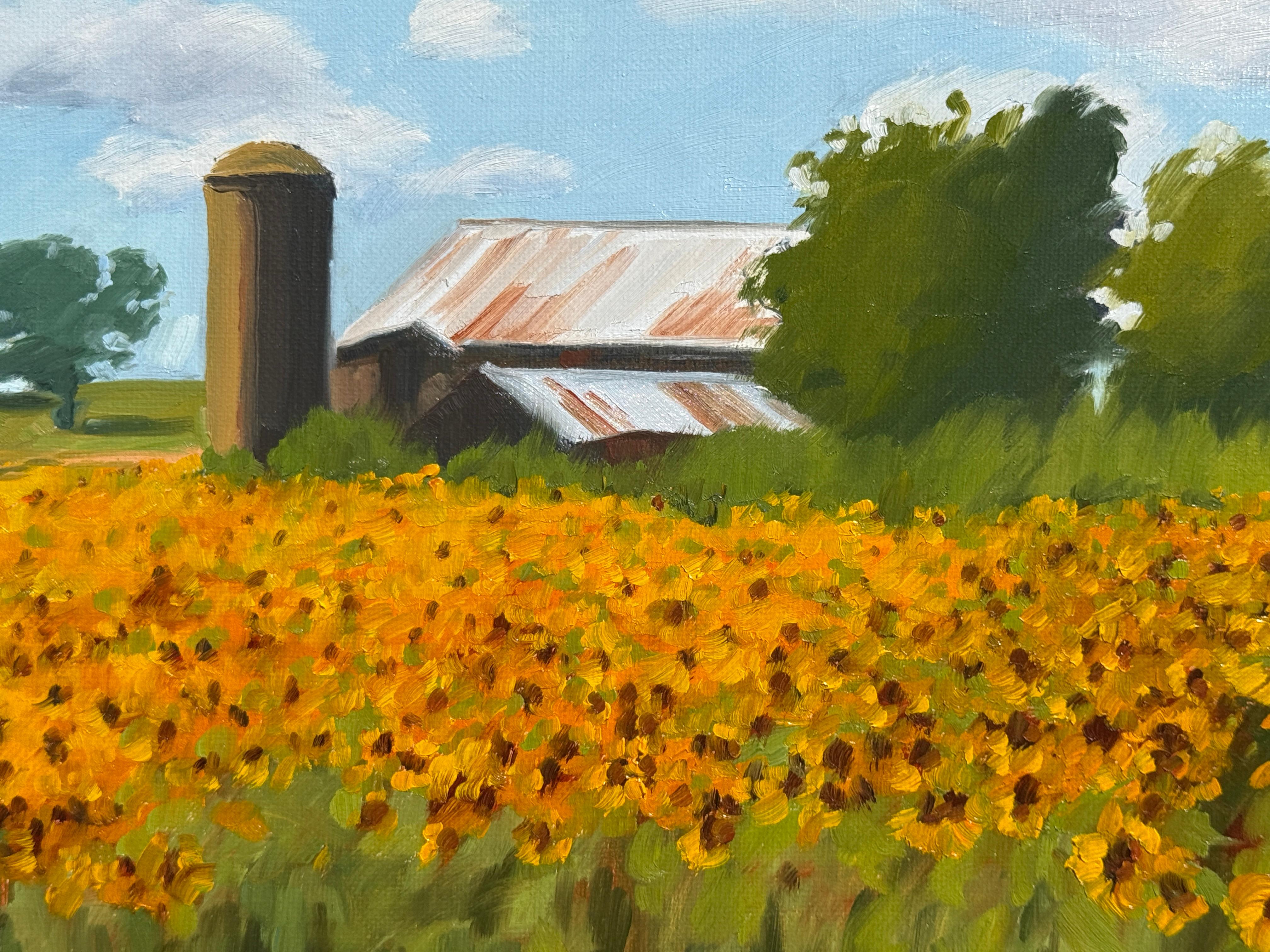 Campo di girasoli, Pittura a olio - Landscape Painting Marrone di Karen d’Angeac Mihm