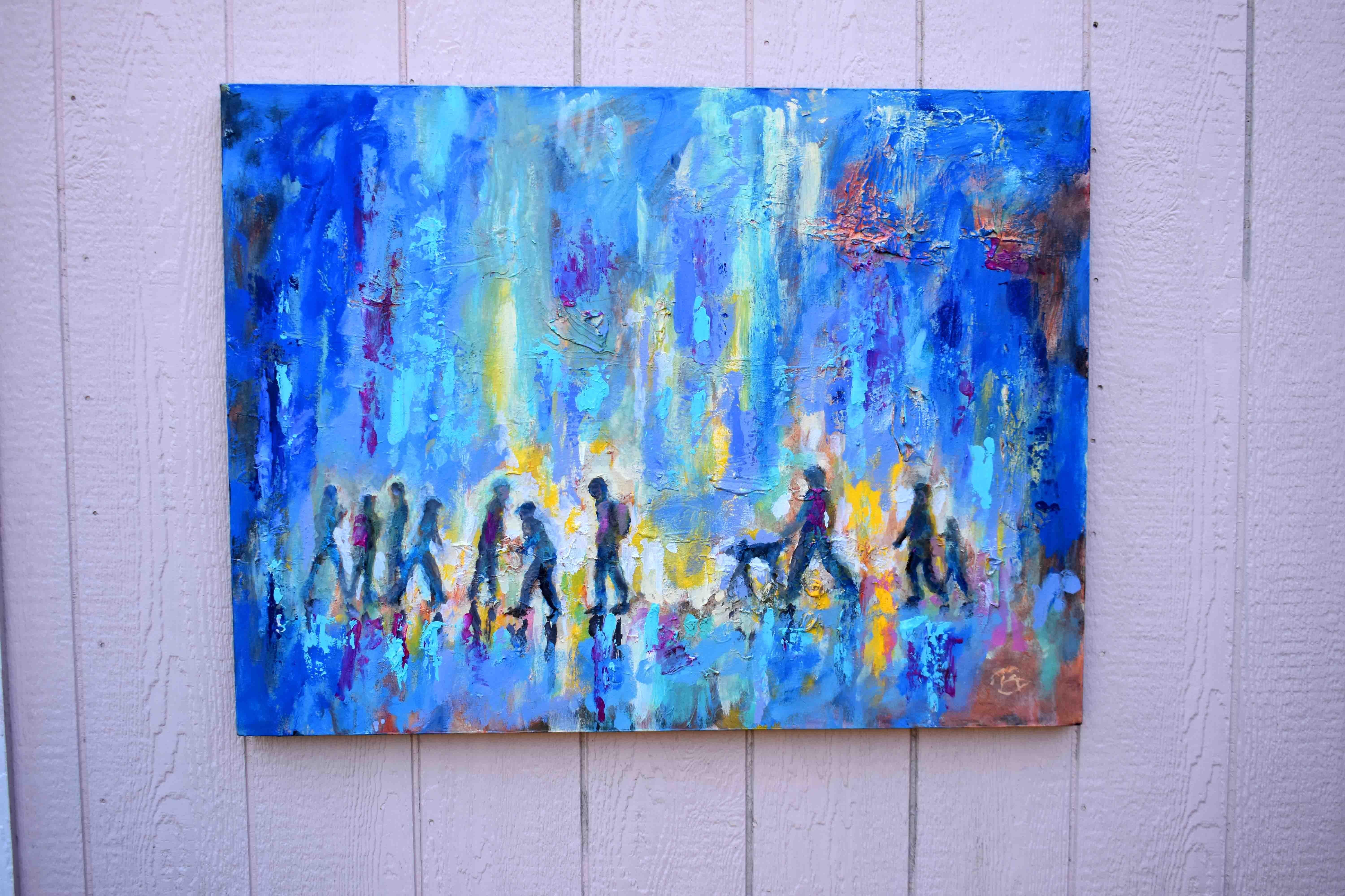 <p>Artist Comments<br>A vibrant blend of colors captures the energy of a bustling morning scene. Figures in motion stride across the composition, their forms loosely defined yet full of movement. Each one is in the daily rush to work, school, and