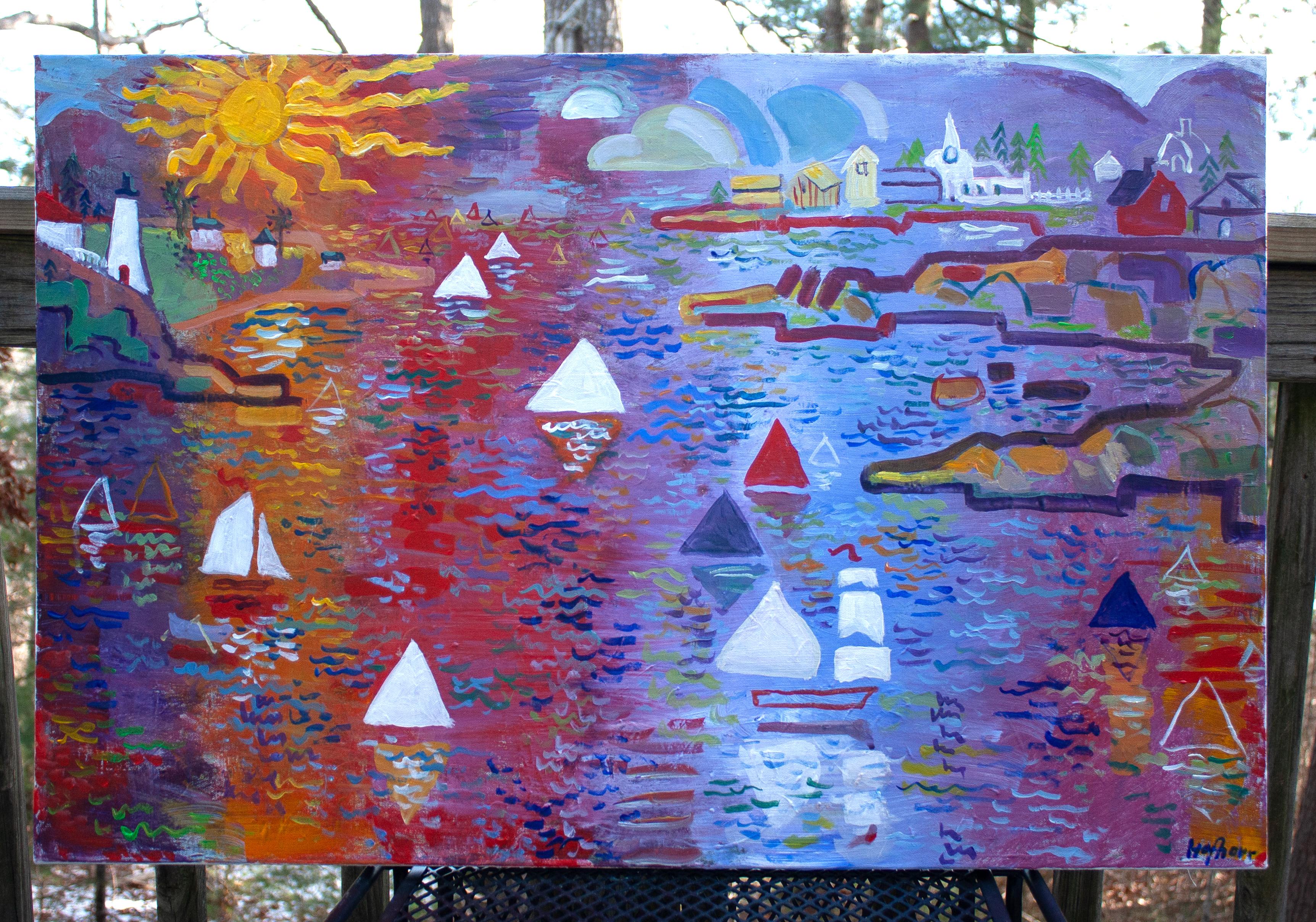 <p>Commenti dell'artista<br>Barche alla deriva su un vasto specchio d'acqua del nord-est nel New England. Il sole proietta una calda luce sulla scena. Lo stile semplice e la pennellata espressionista riducono i dettagli alle loro forme essenziali.