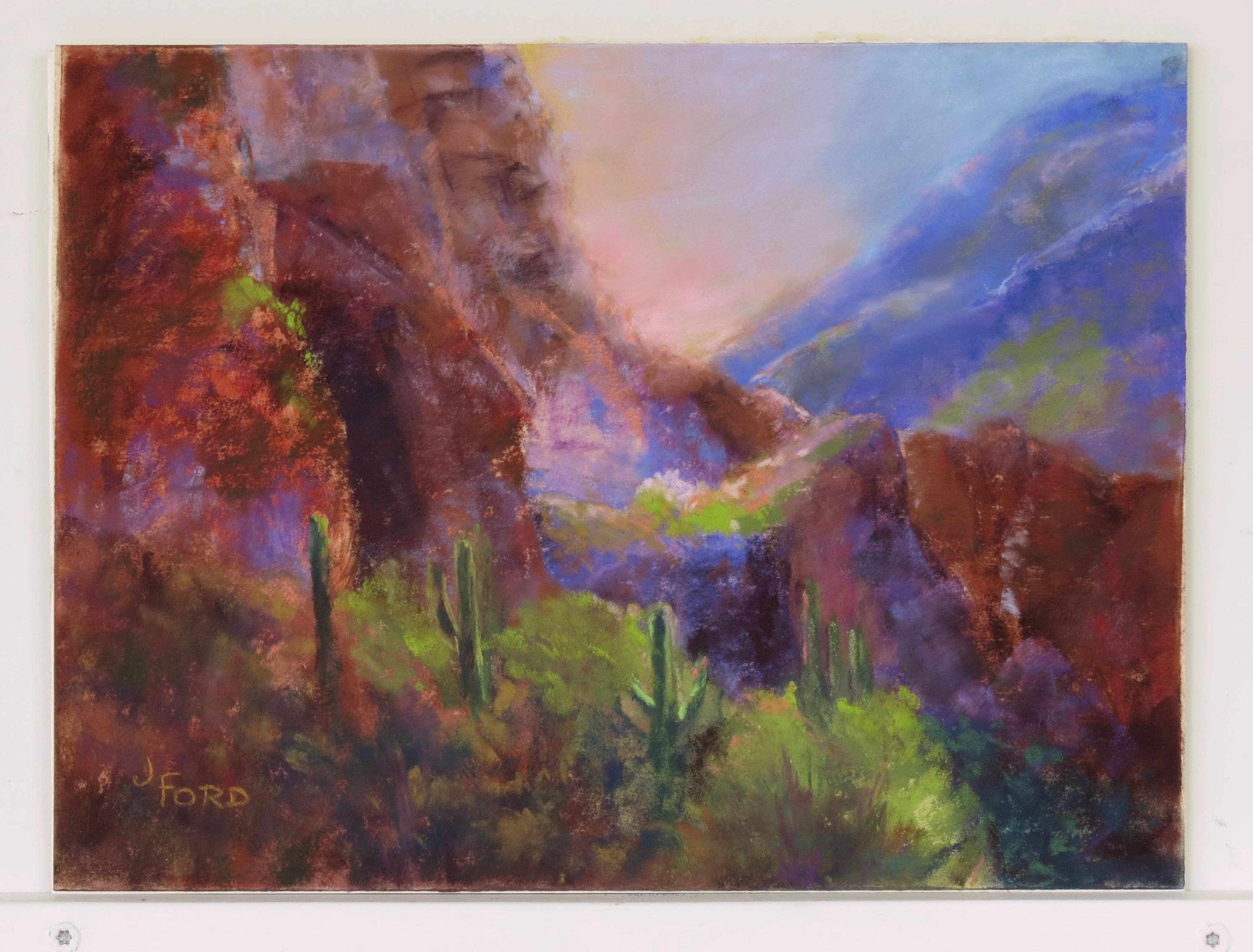 <p>Comentarios del artista<br>La artista Joanie Fords capta la belleza de Tucson, Arizona, en esta obra de arte al pastel. Una luz suave y resplandeciente se filtra por el terreno, contrastando con los exuberantes cactus verdes del primer plano. Los