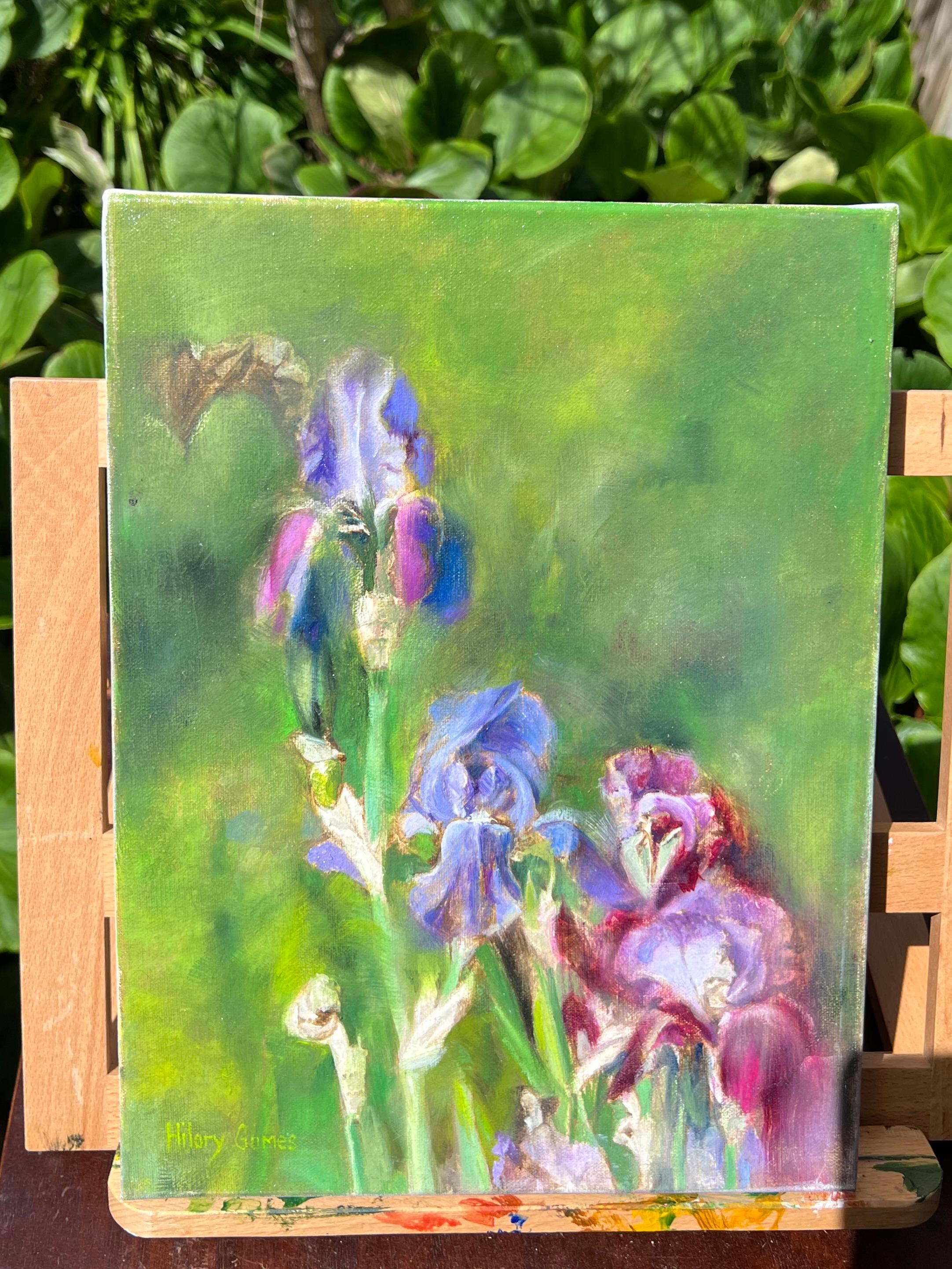 <p>Commentaires de l'artiste<br>Des iris vibrants fleurissent, leurs pétales se déployant sur un fond vert luxuriant. La lumière du soleil filtre à travers les feuilles, jetant une lueur chaude sur les fleurs délicates. De doux coups de pinceau