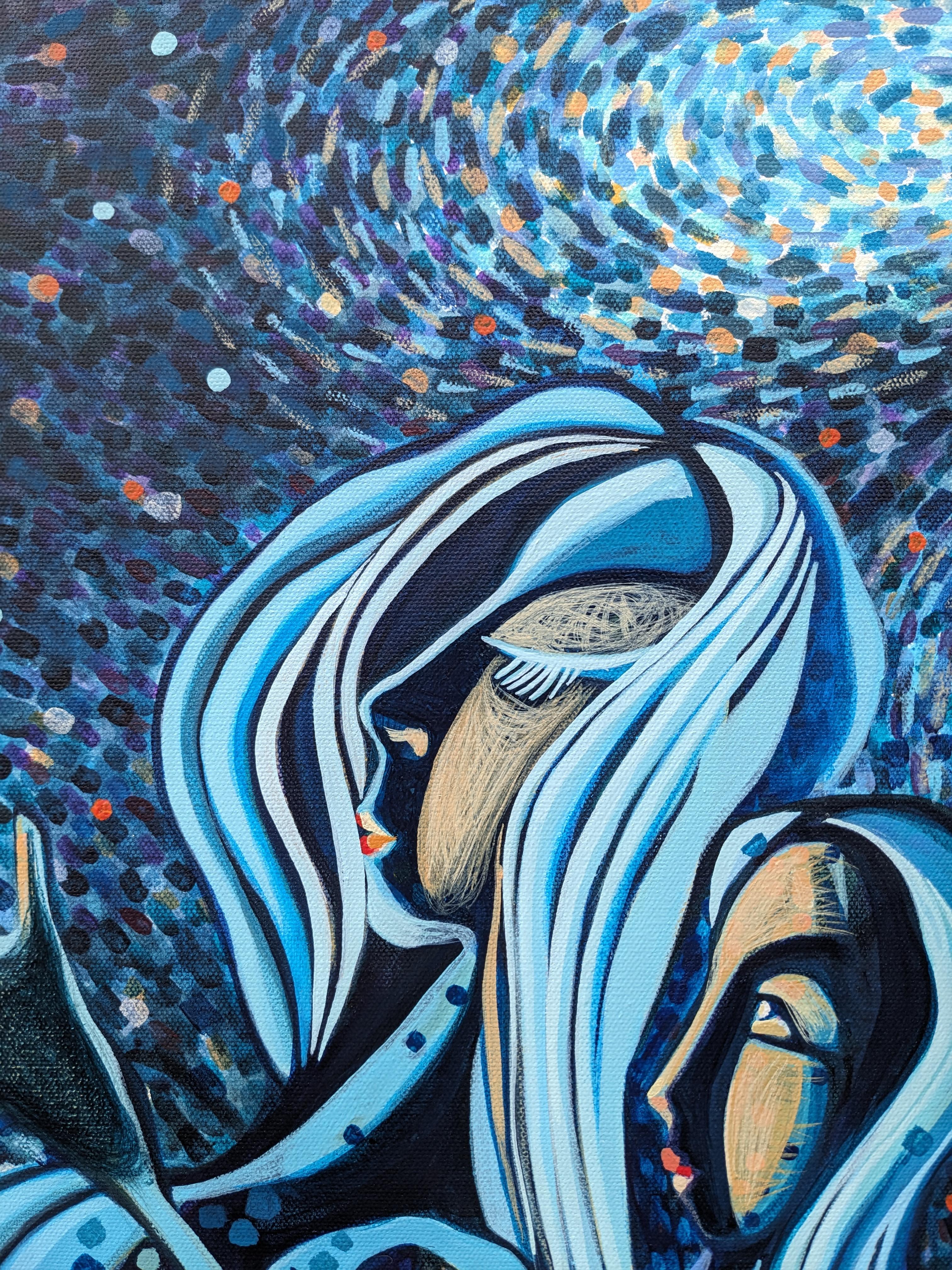 Bajo el cielo azul, pintura original - Figurative Painting Azul de Diana Elena Chelaru
