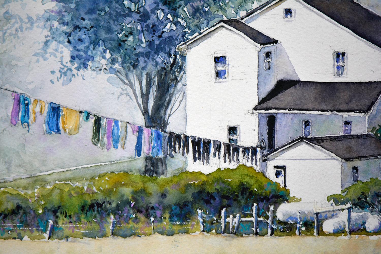 Lavandería matinal, Pintura original - Interior Art Gris de Judy Mudd