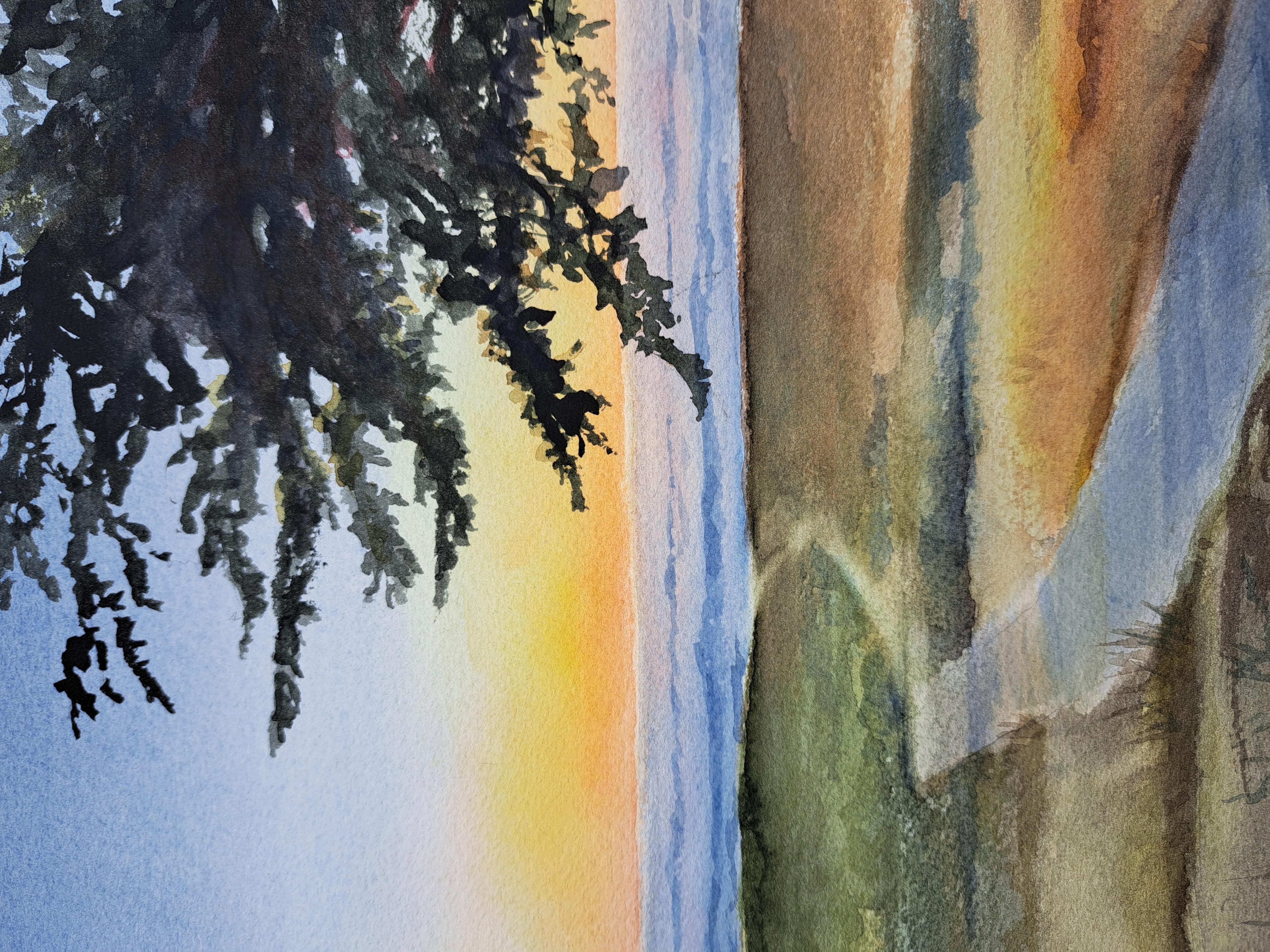 Tramonto estivo sulla costa, dipinto originale - Landscape Art Grigio di Catherine McCargar