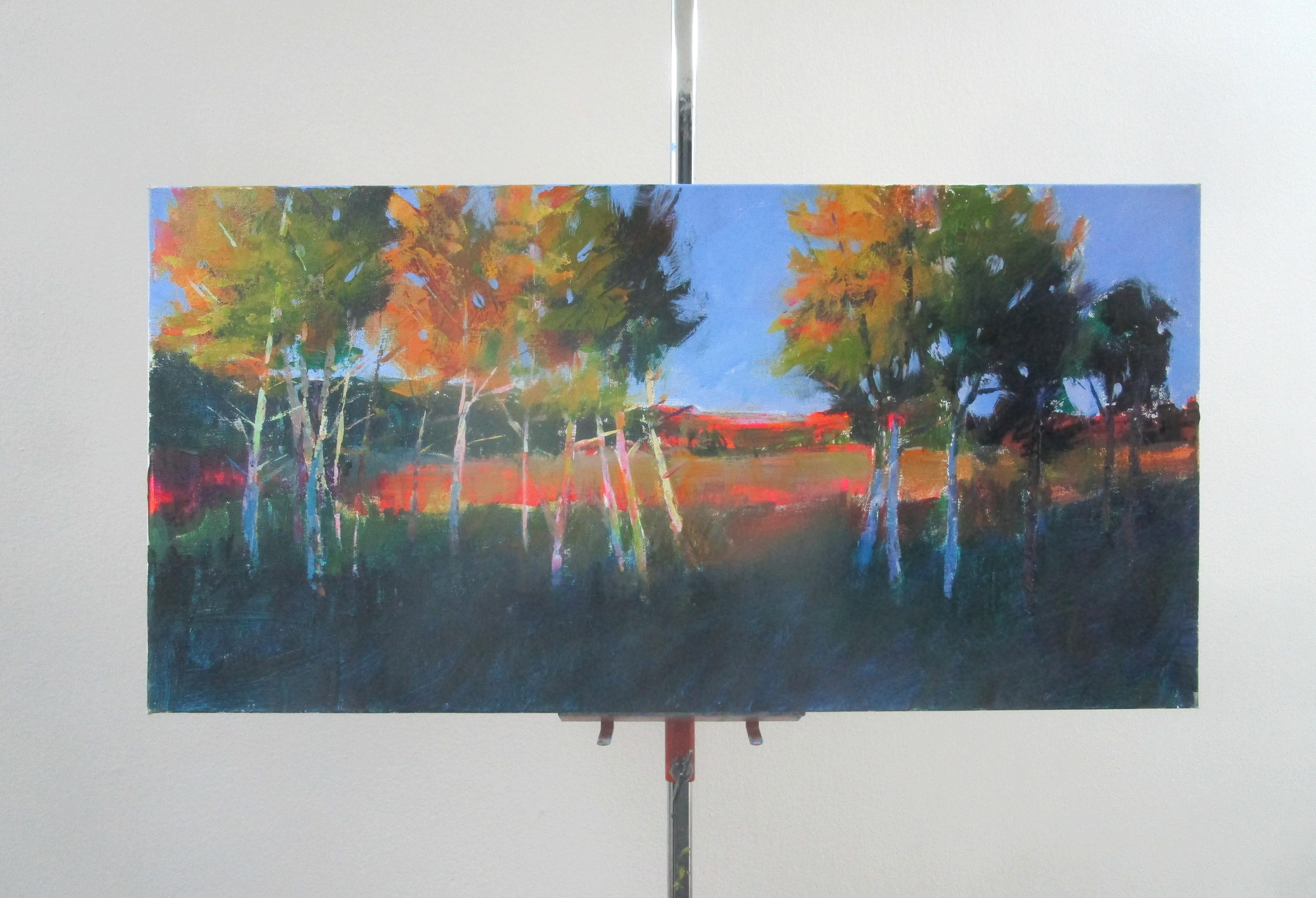 Coucher de soleil dans le parc d'État, peinture originale - Impressionnisme Painting par Janet Dyer