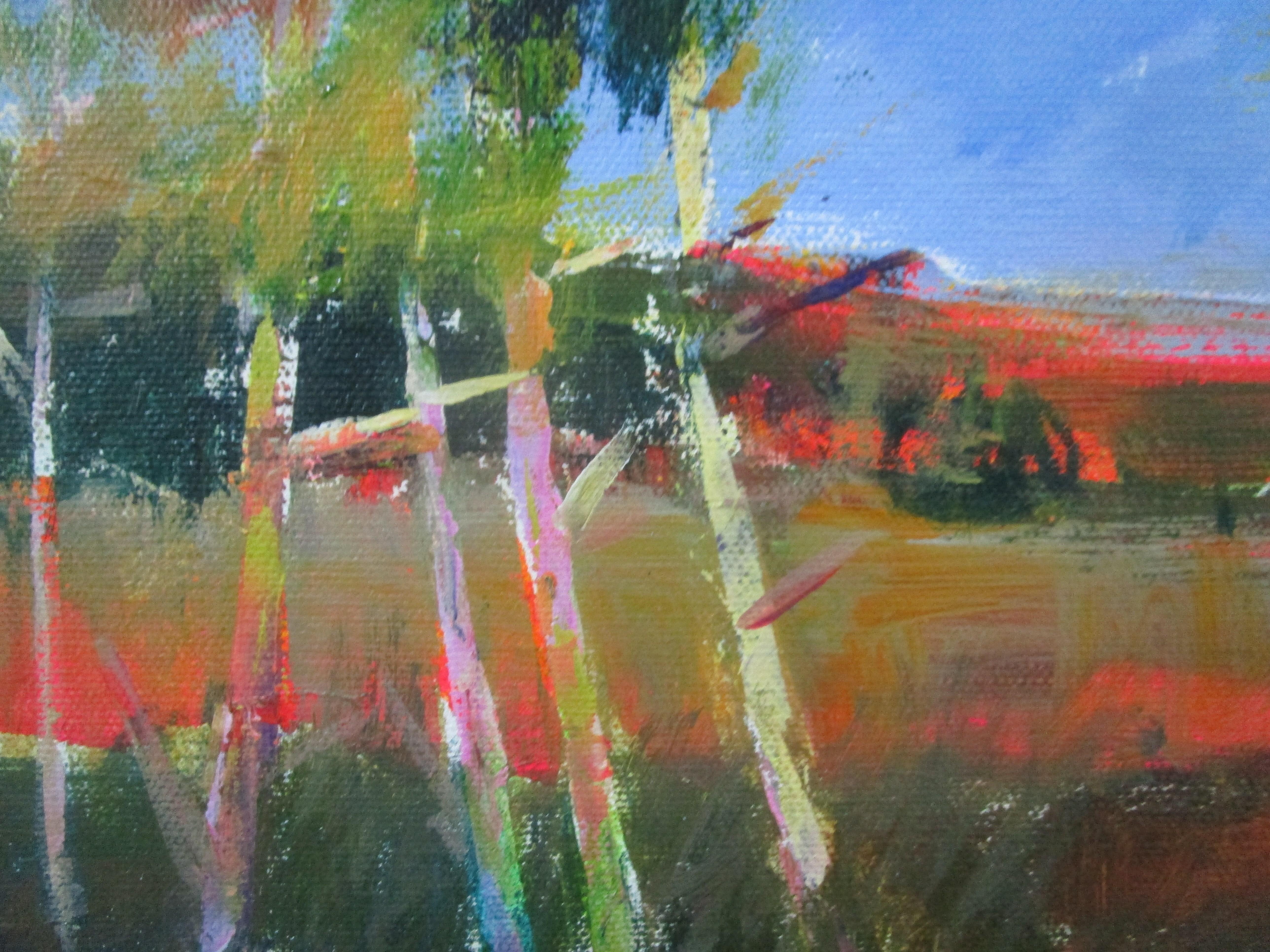 Coucher de soleil dans le parc d'État, peinture originale - Gris Landscape Painting par Janet Dyer