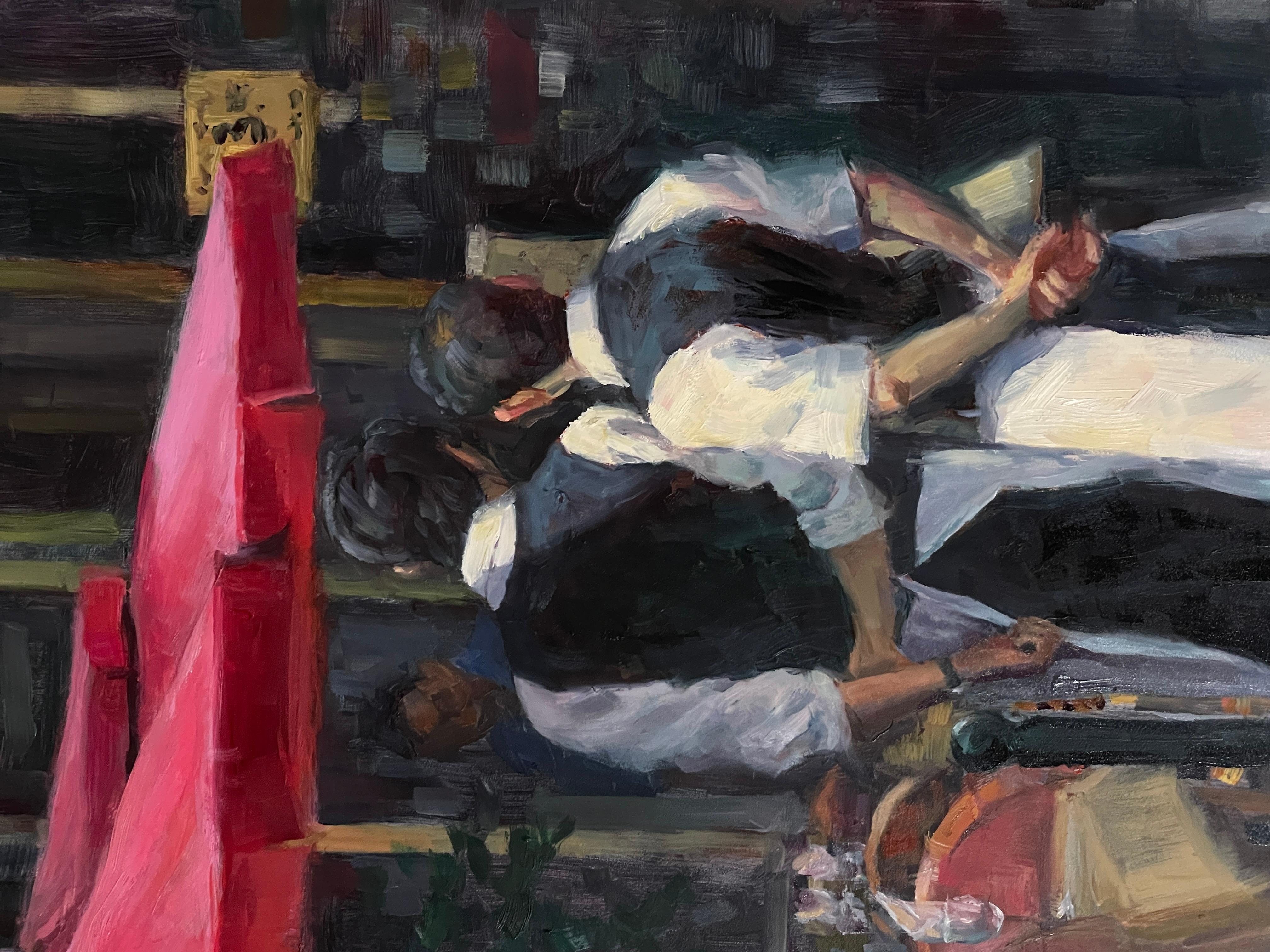 Attente à Paris, peinture à l'huile - Noir Figurative Painting par Faye Vander Veer