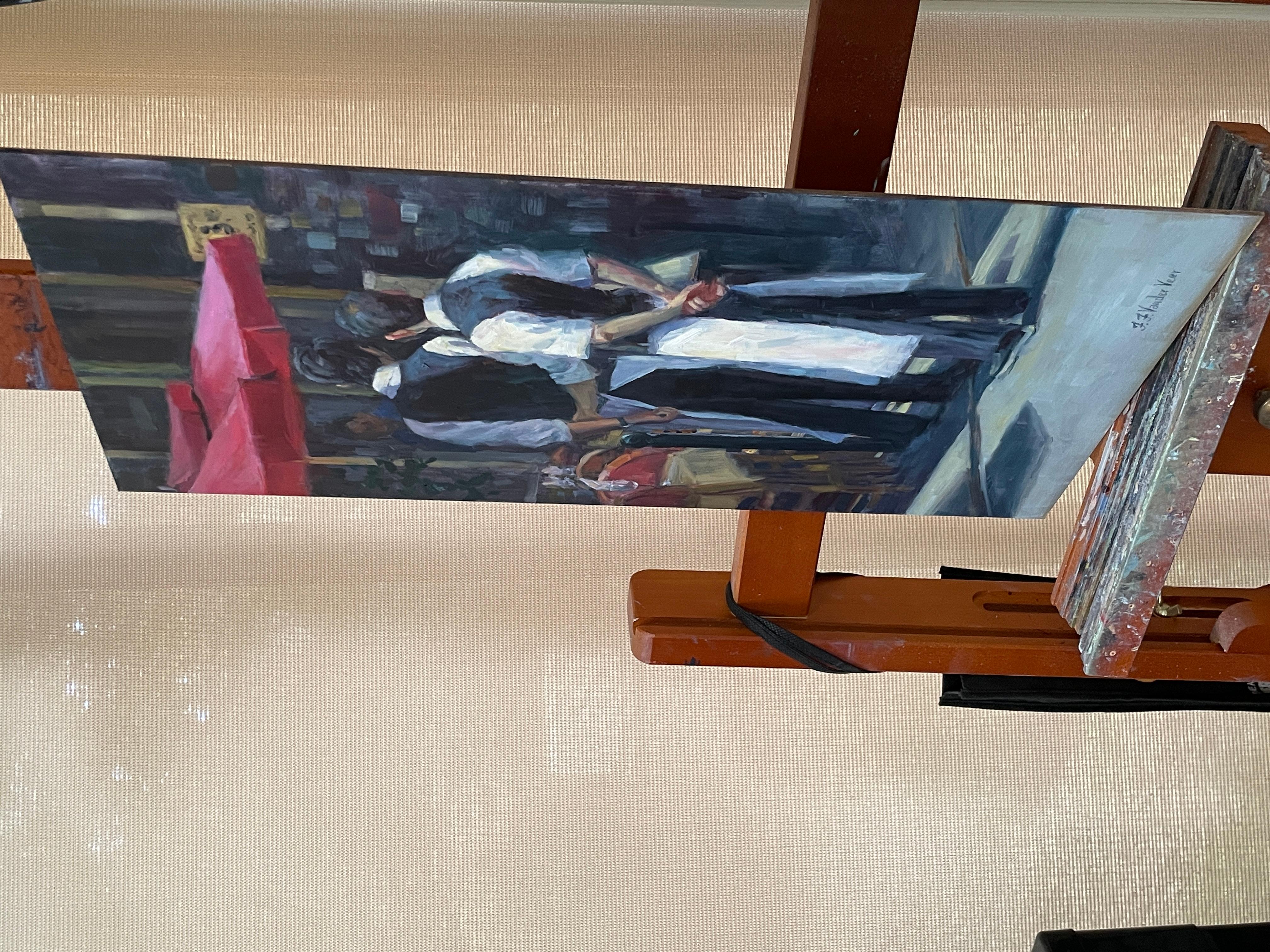 Attente à Paris, peinture à l'huile - Painting de Faye Vander Veer
