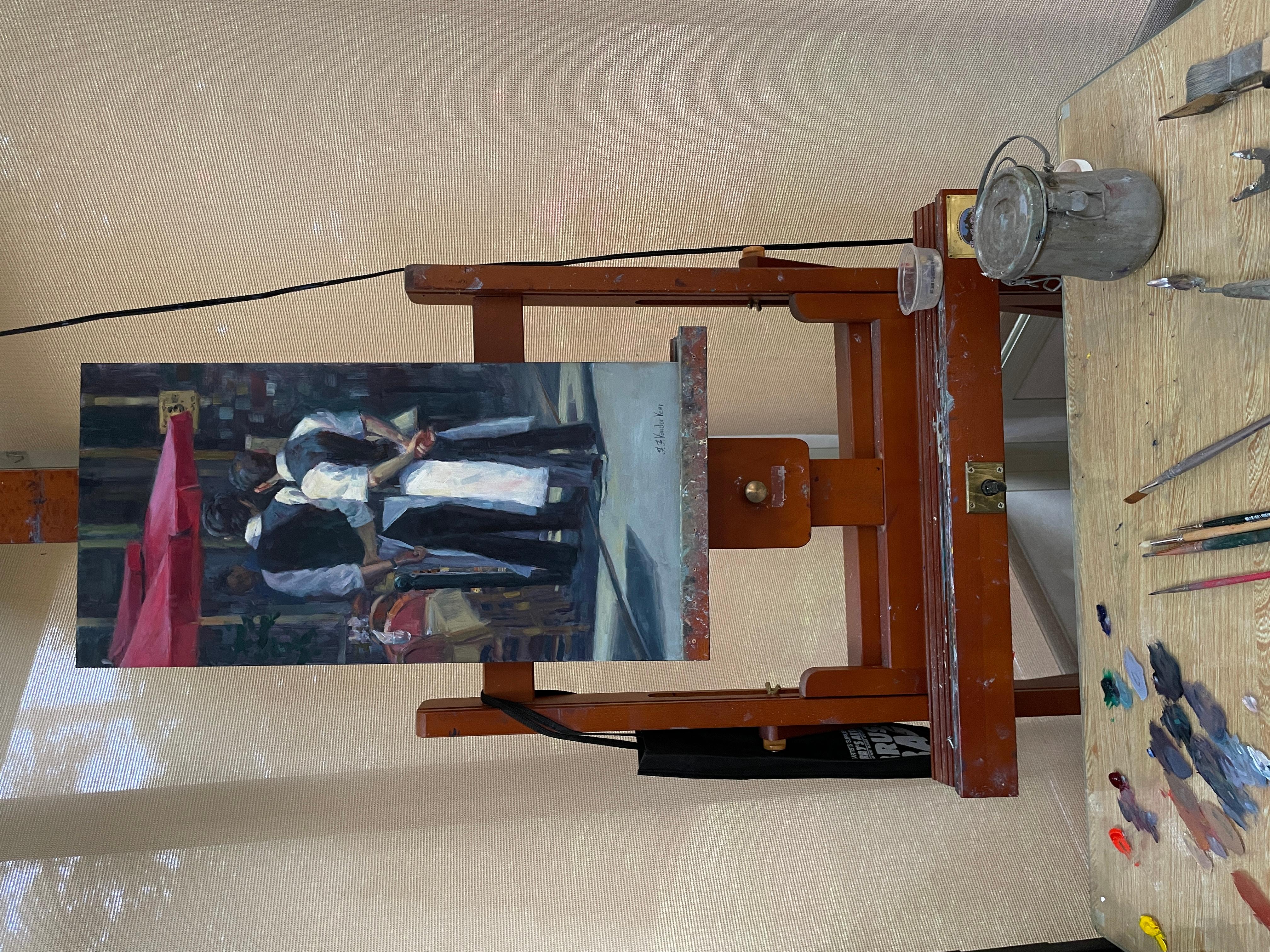 Attente à Paris, peinture à l'huile - Impressionnisme Painting par Faye Vander Veer