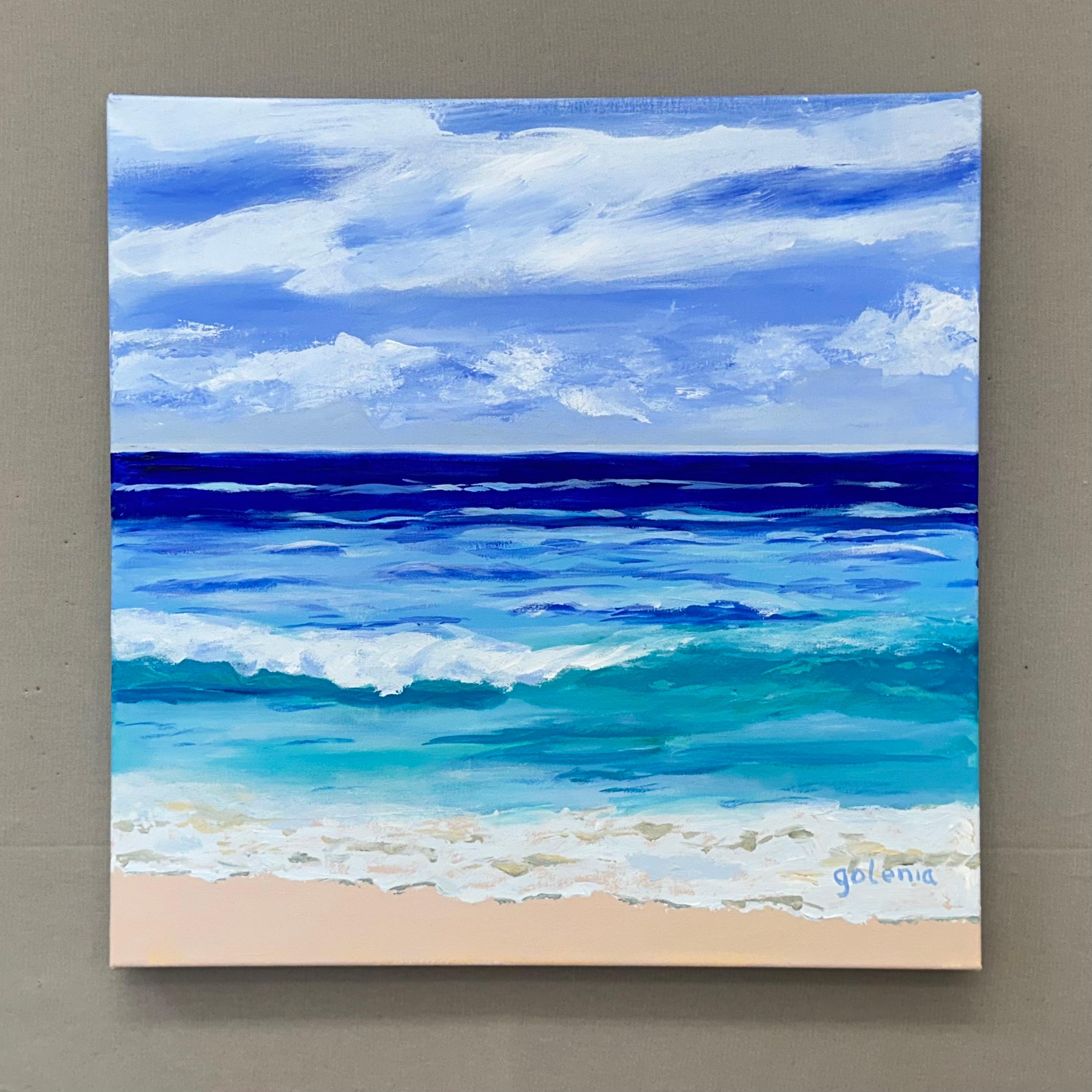 <p>Artist Comments<br>The soothing rhythm of the ocean's waves creates a sense of tranquil stillness. Beyond the shore, a beautiful gradient of blues captures the essence of the deep sea, the horizon, and the soft sky. This piece conveys the vital
