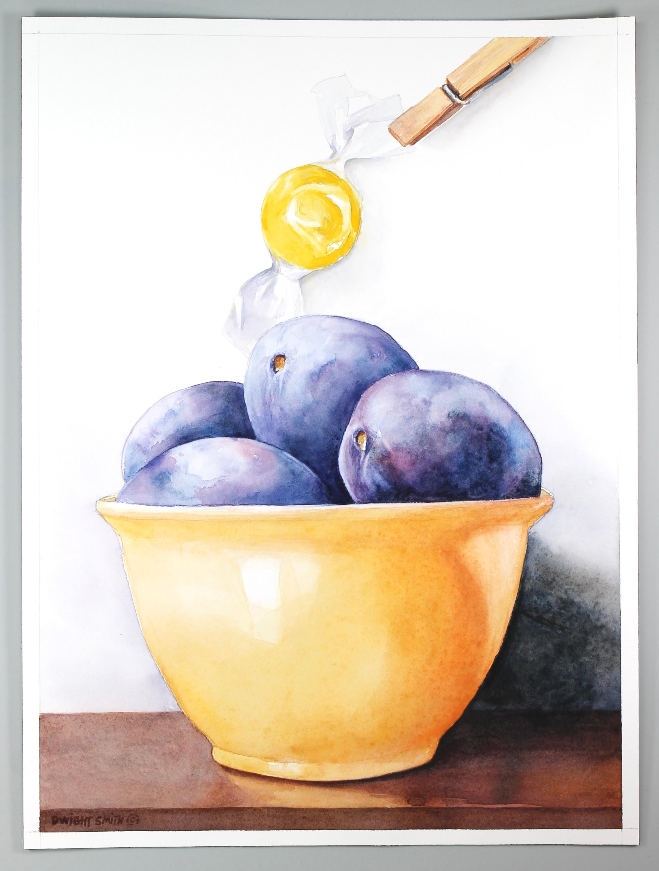 <p>Artist Comments<br>Complementary colors take center stage in this still life. Purple plums rest in a yellow bowl, creating an immediate impact of bright hues. Above, a brightly yellow hard candy, suspended by a clothespin, symbolizes the sun,
