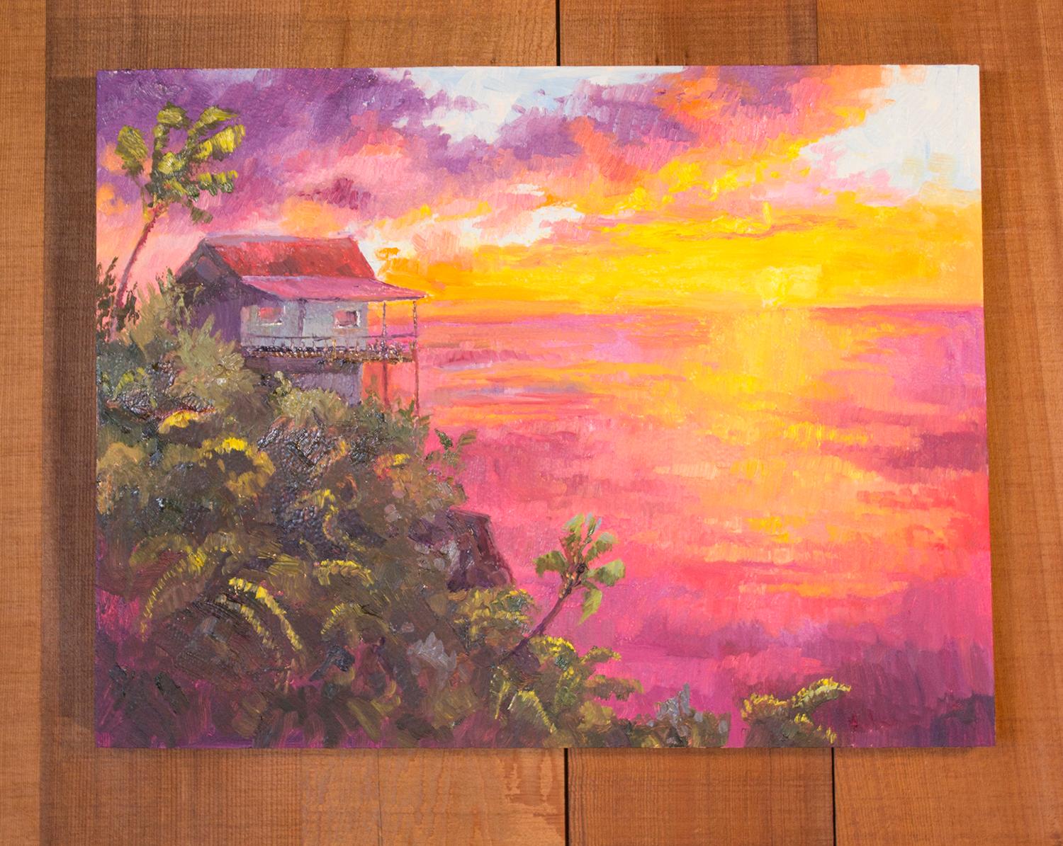 Perche à flanc de falaise, peinture à l'huile - Impressionnisme Painting par Karen E Lewis