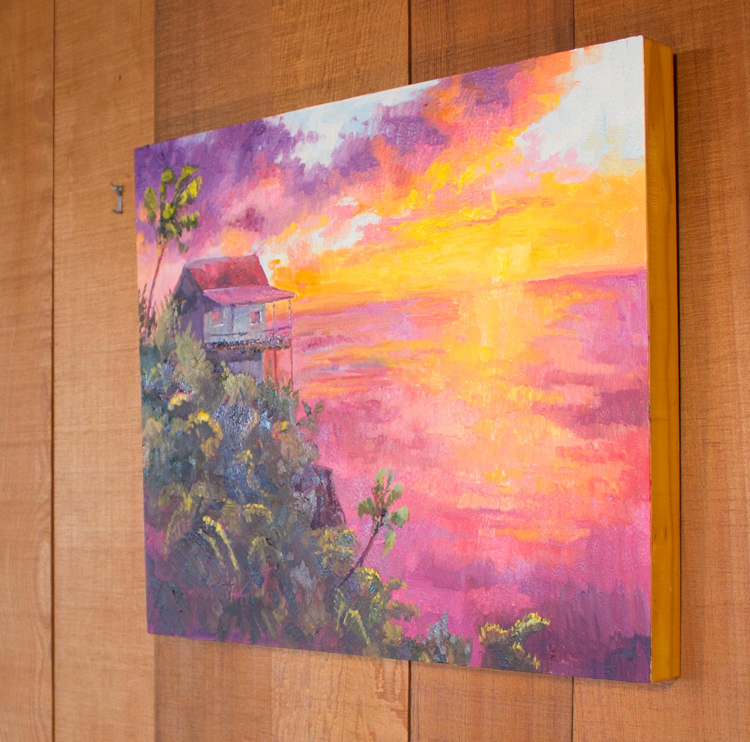 Perche à flanc de falaise, peinture à l'huile - Painting de Karen E Lewis