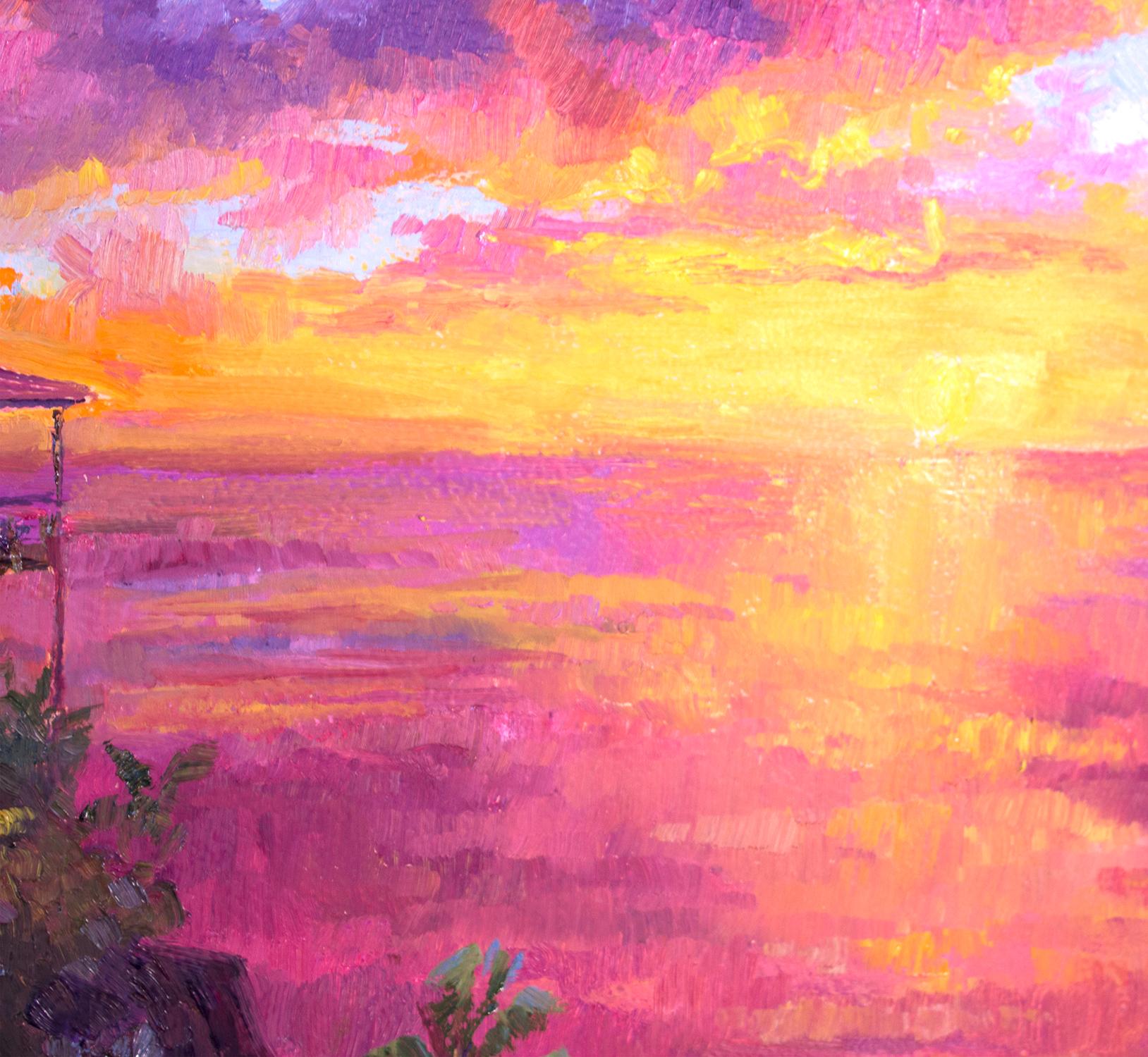 Perche à flanc de falaise, peinture à l'huile - Rose Landscape Painting par Karen E Lewis